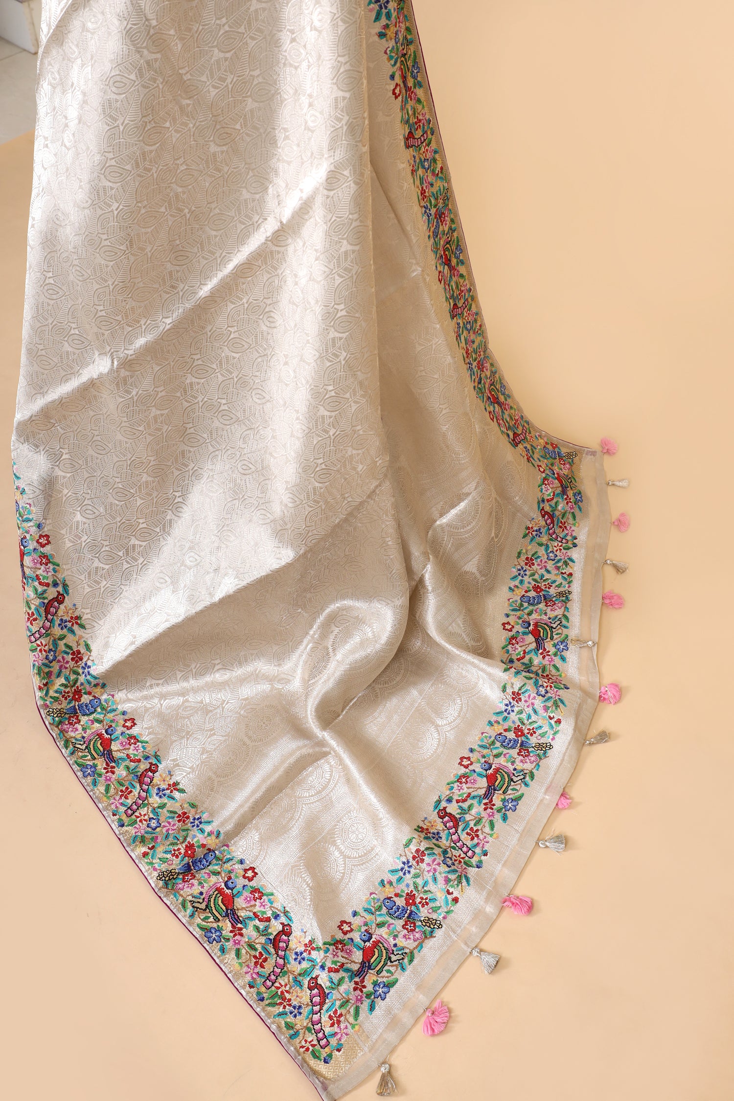 Silver Tissue Brocade Saree with Cross-Stitch Petit Point Embroidered Border