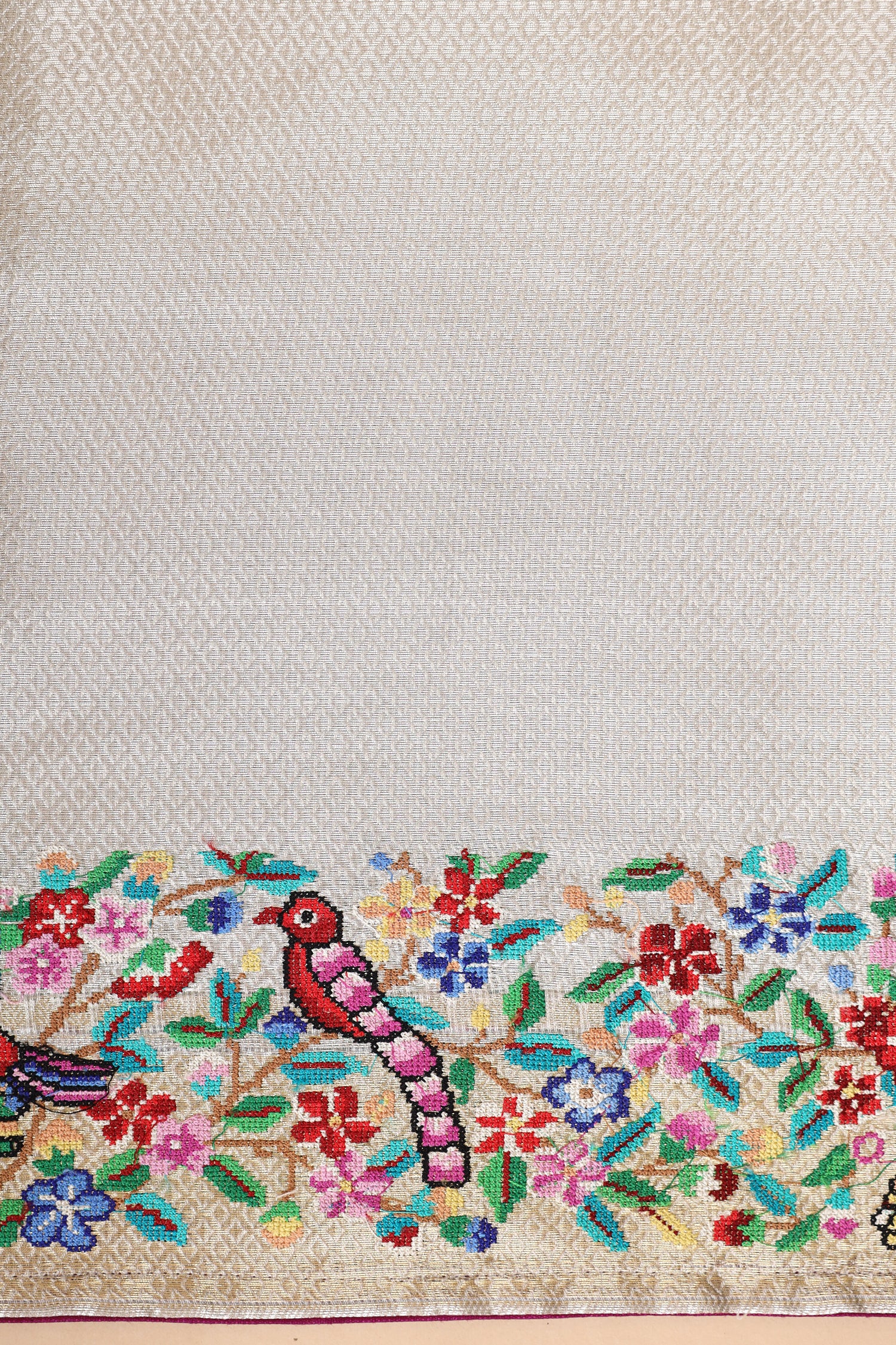 Silver Tissue Brocade Saree with Cross-Stitch Petit Point Embroidered Border