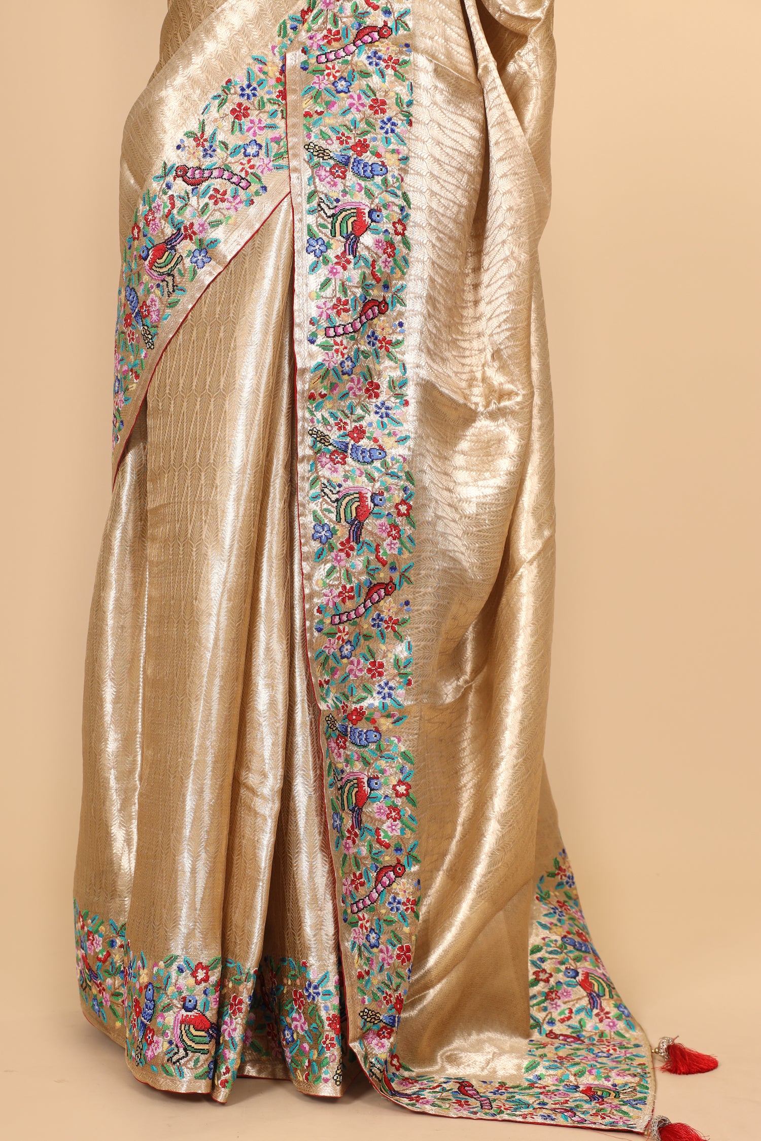 Gold Tissue Brocade Saree with Cross-Stitch Petit Point Embroidered Border