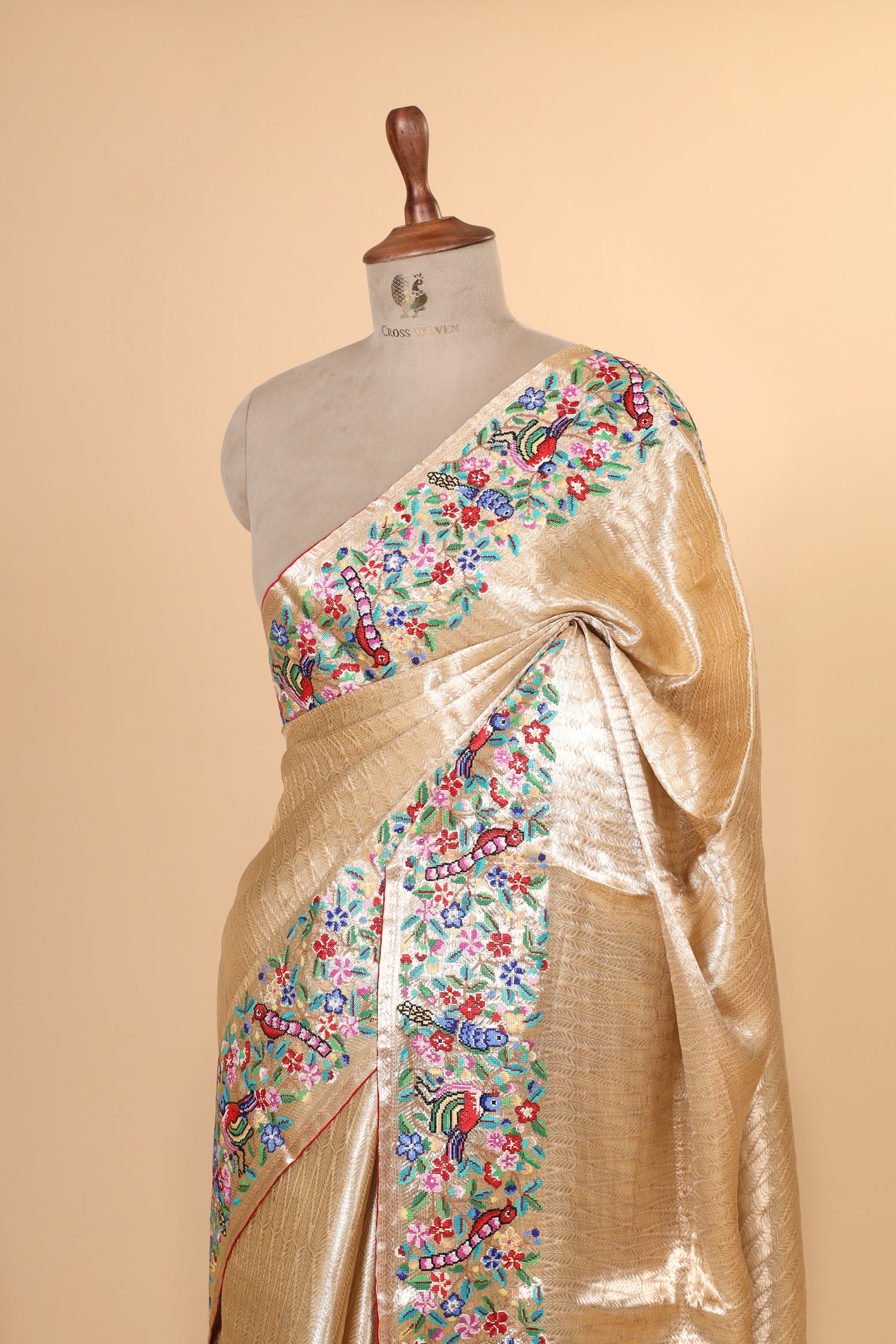 Gold Tissue Brocade Saree with Cross-Stitch Petit Point Embroidered Border