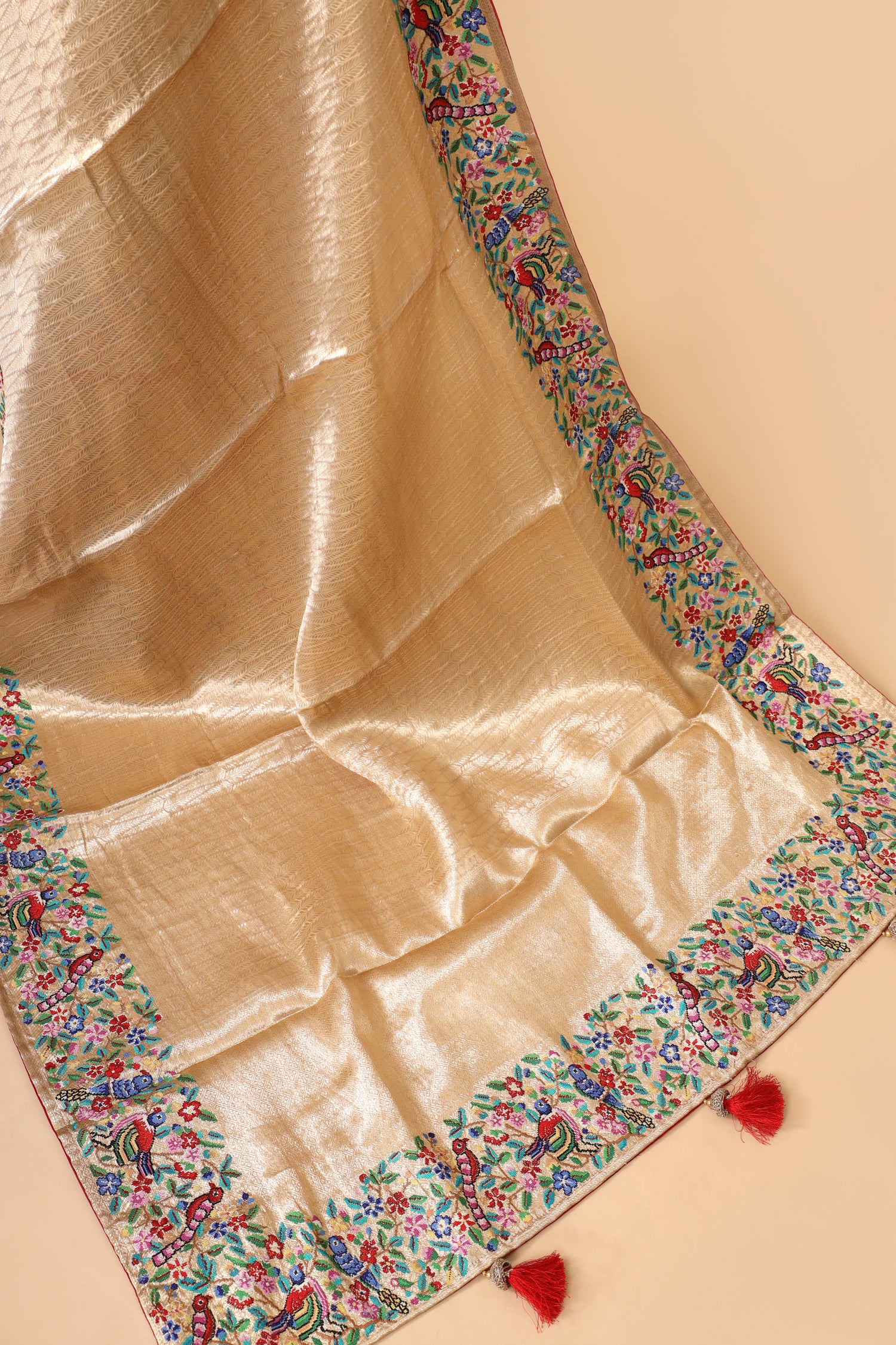 Gold Tissue Brocade Saree with Cross-Stitch Petit Point Embroidered Border