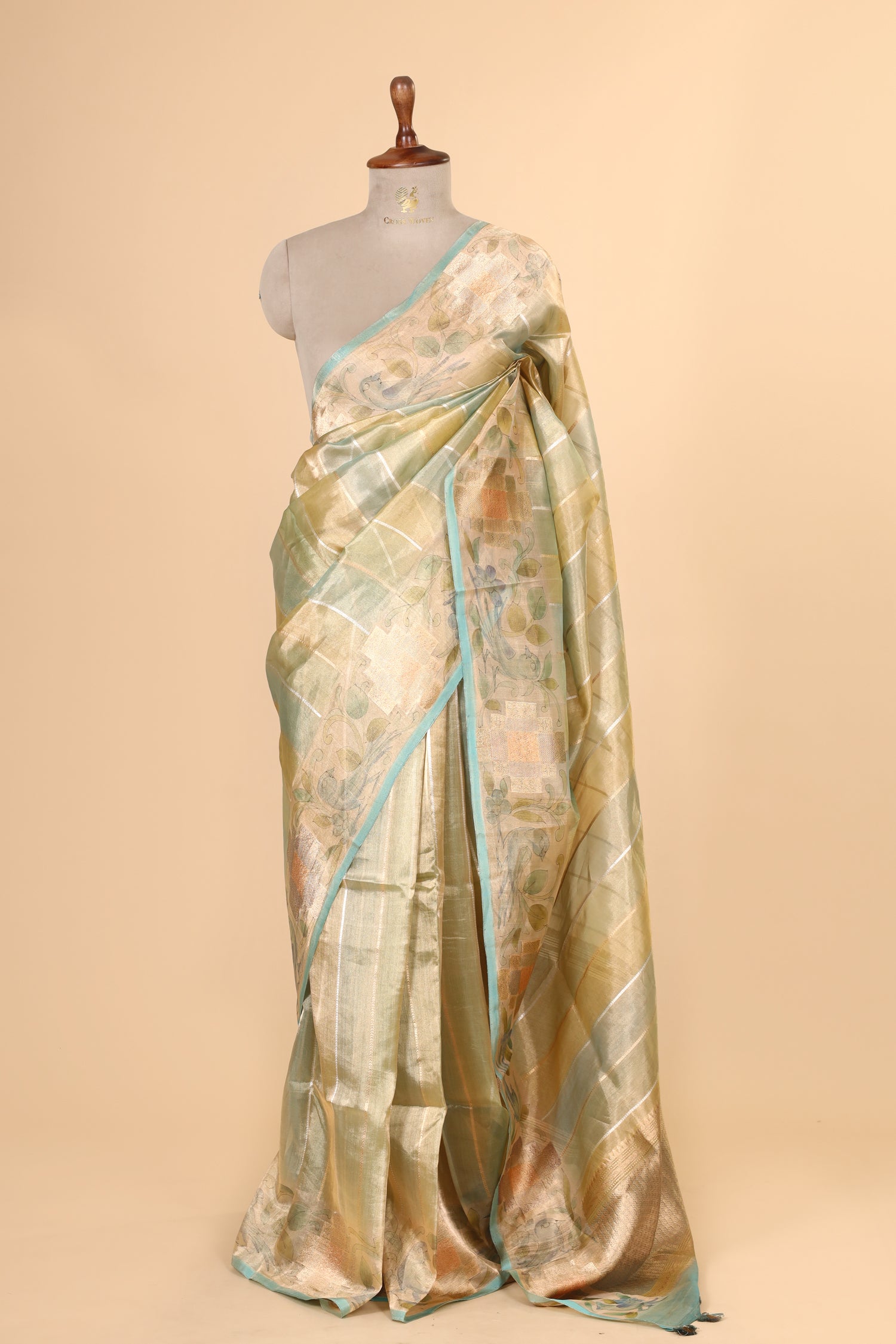 Aqua Blue Rangkat Tissue Silk Saree with Hand-Painted Border
