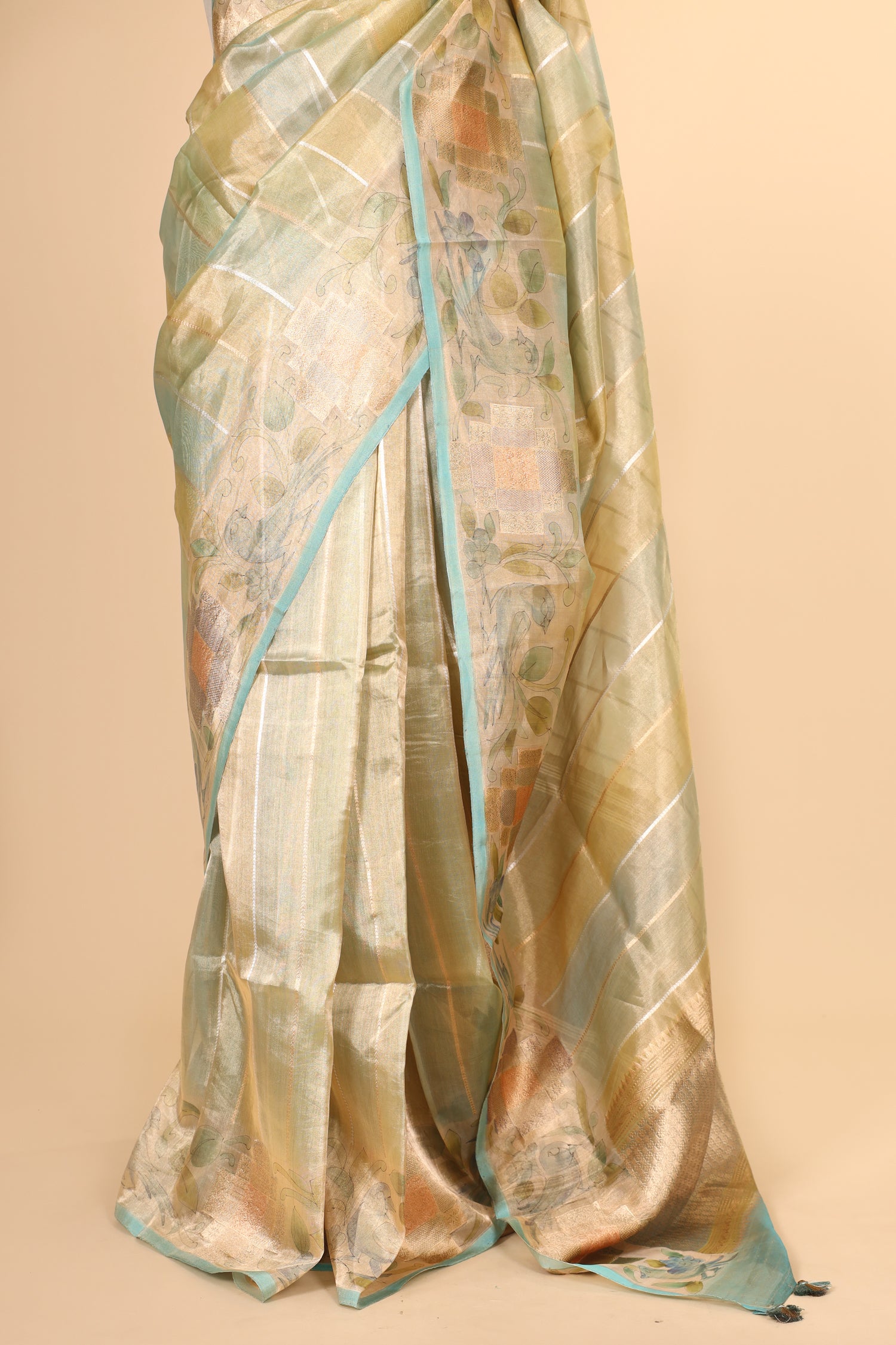 Aqua Blue Rangkat Tissue Silk Saree with Hand-Painted Border