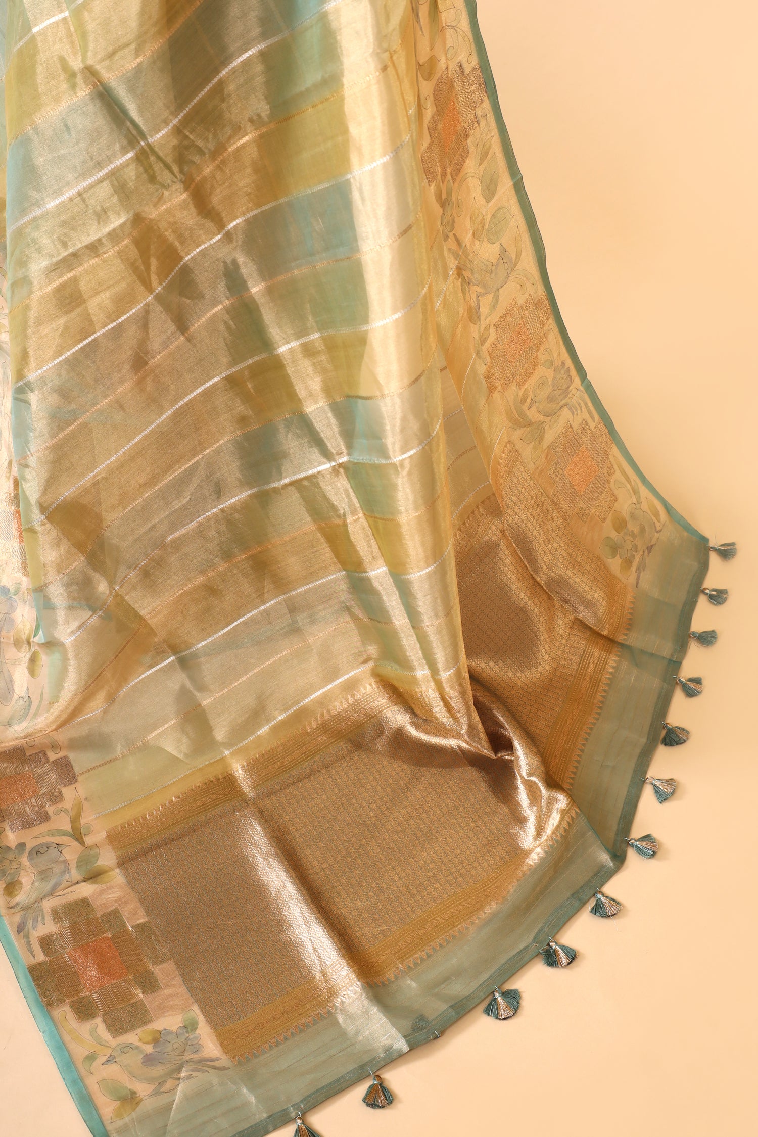 Aqua Blue Rangkat Tissue Silk Saree with Hand-Painted Border