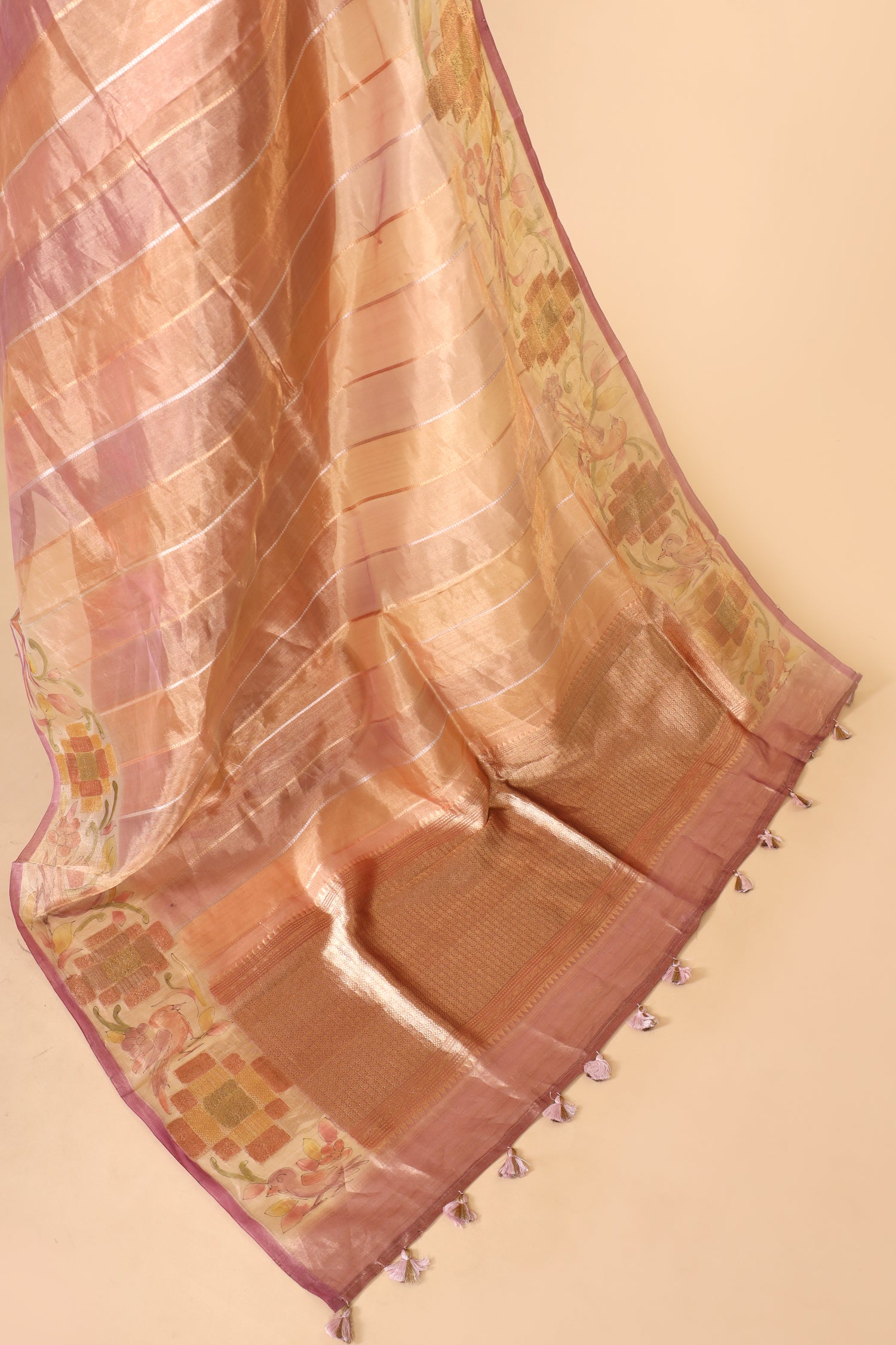 Blush Pink Rangkaat Tissue Silk Saree With Hand-Painted Floral Border