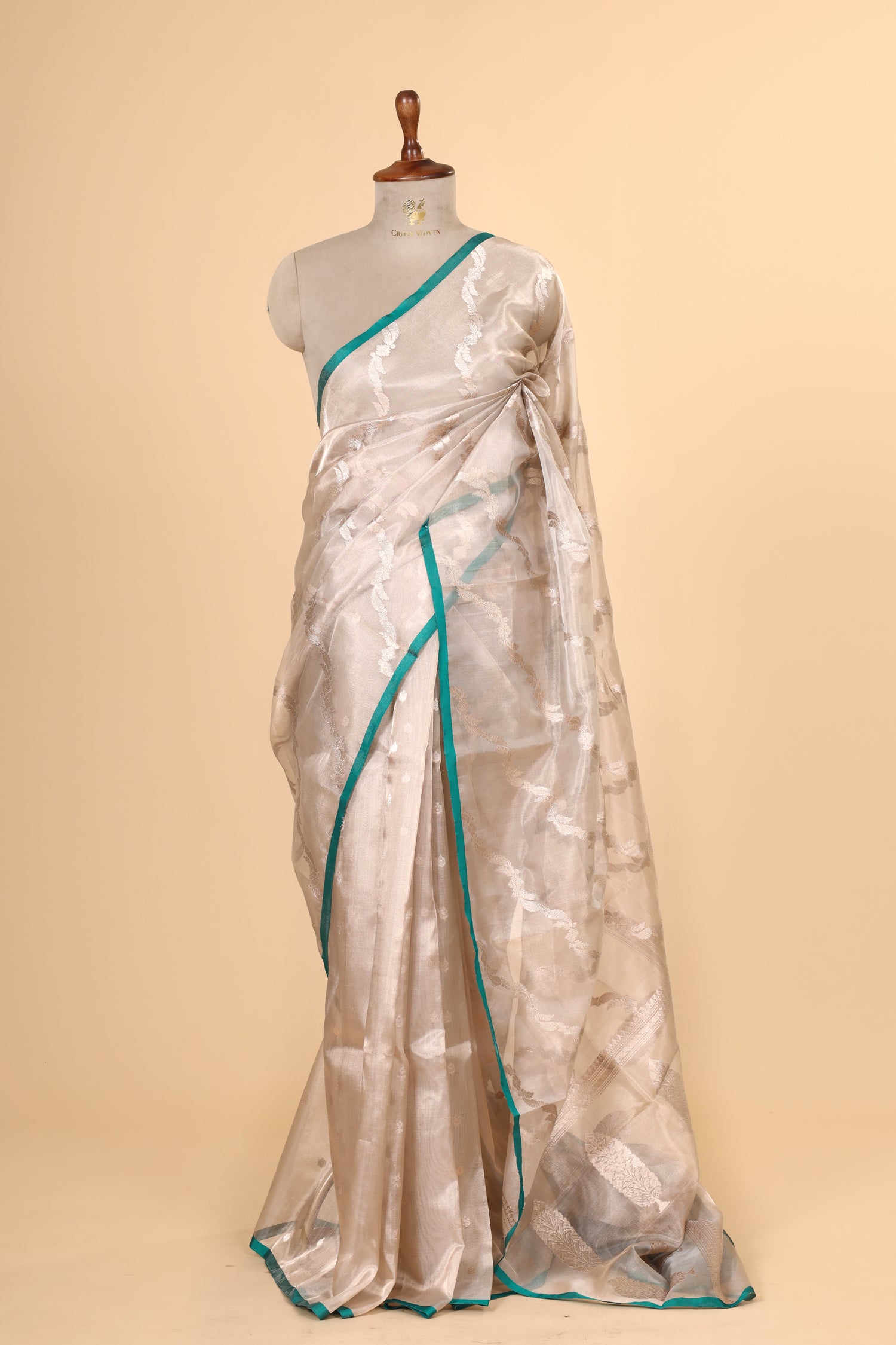 Champagne Tissue Silk Saree With Leheriya Pattern