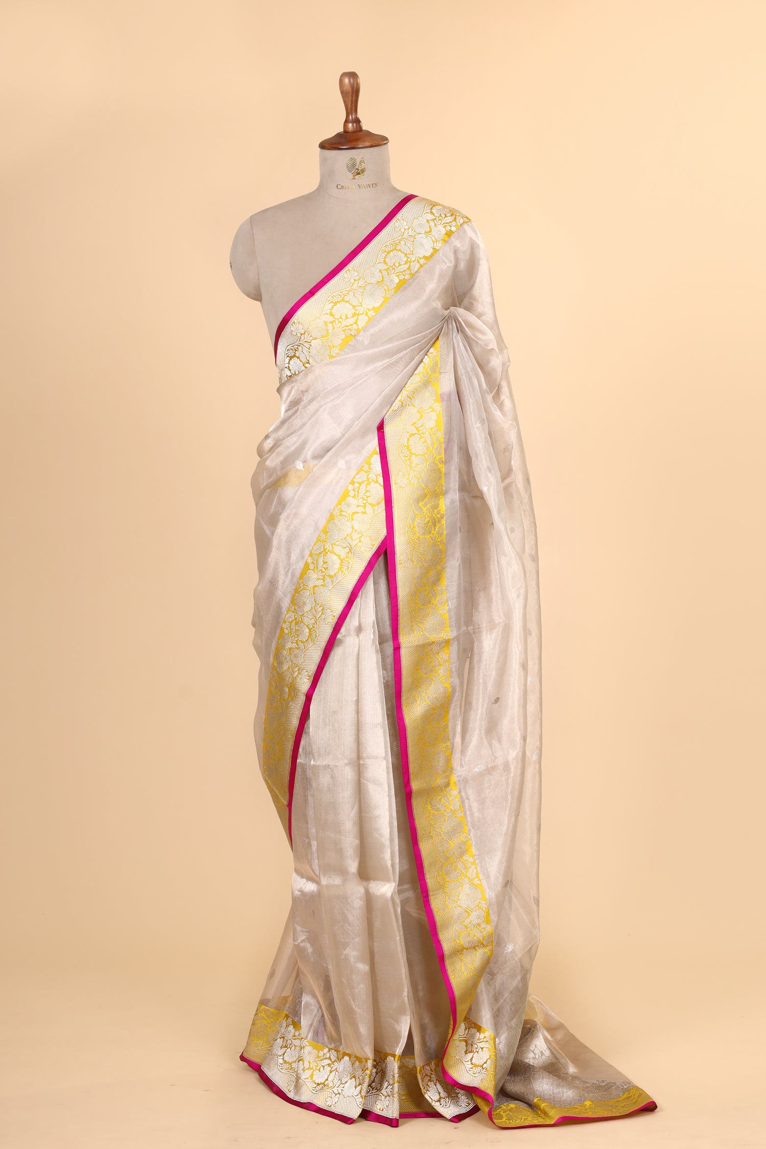 Champagne Tissue Silk Saree With Yellow Contrast Border