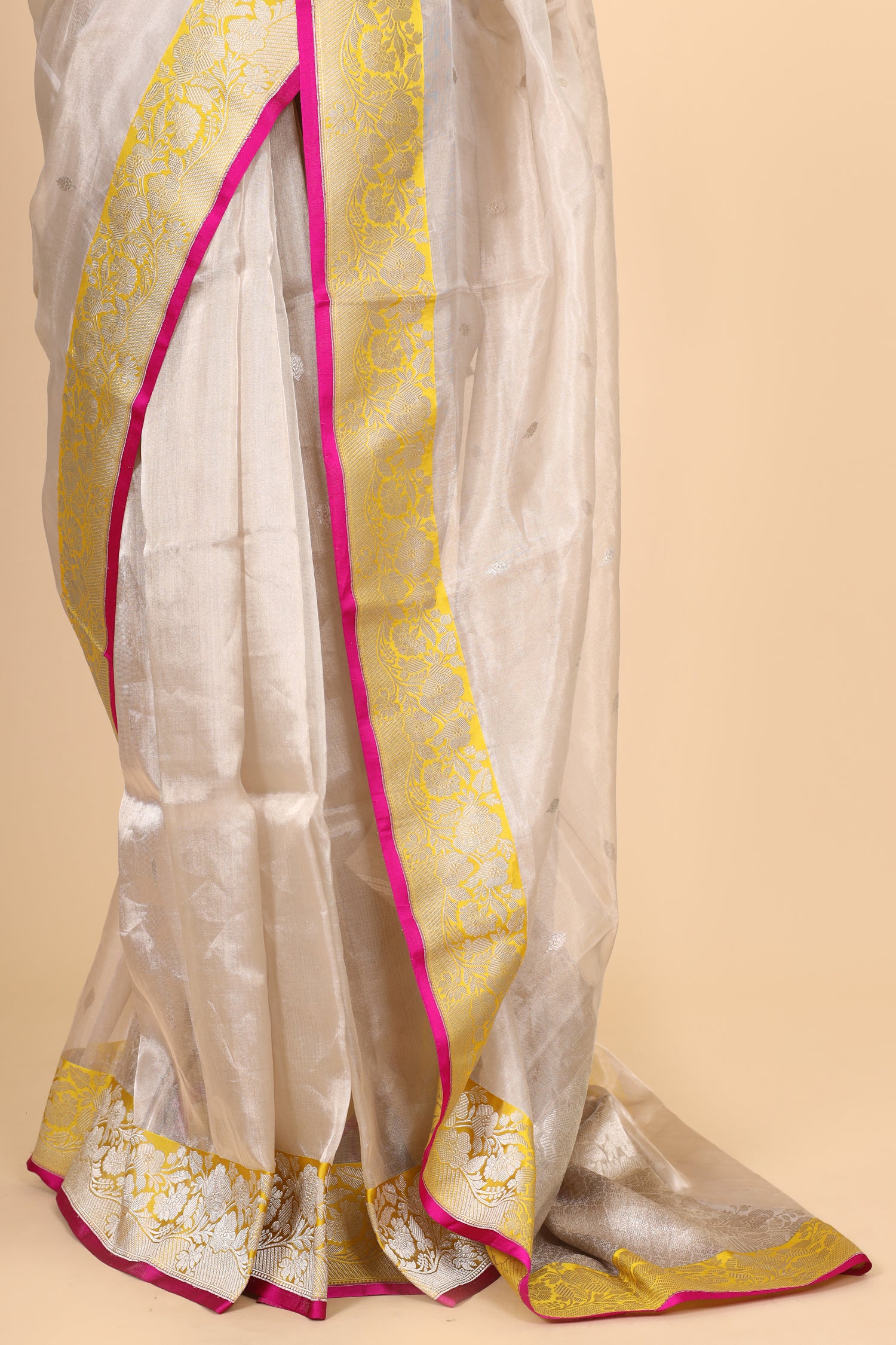 Champagne Tissue Silk Saree With Yellow Contrast Border