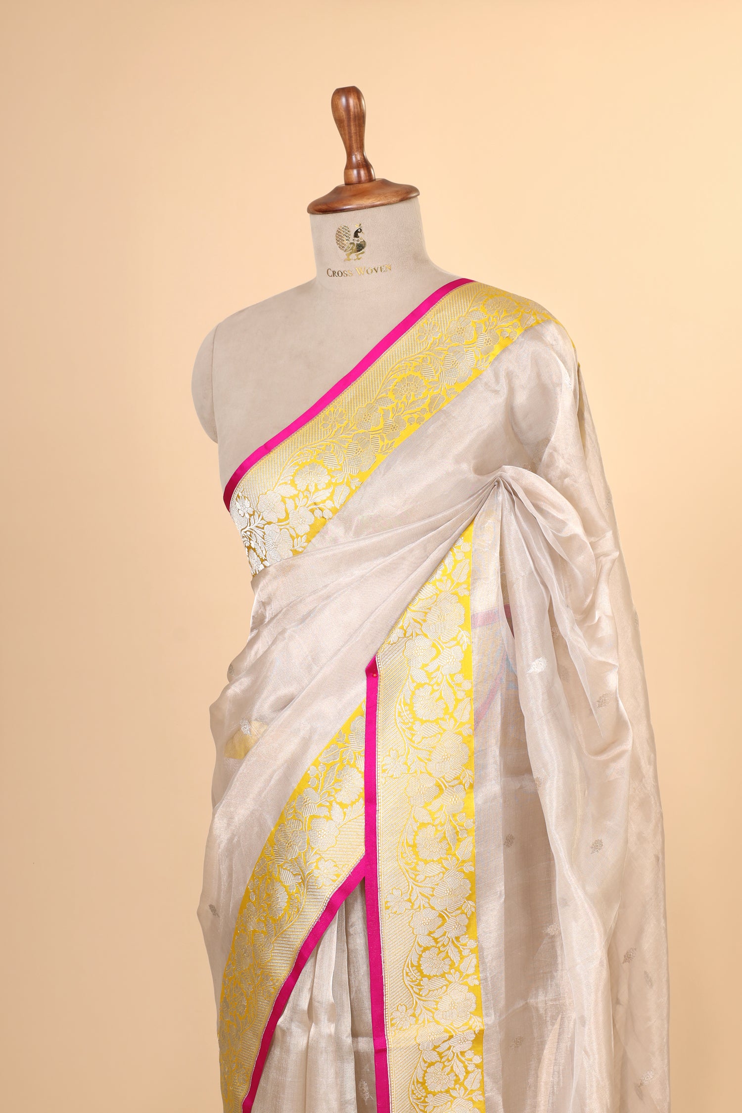 Champagne Tissue Silk Saree With Yellow Contrast Border