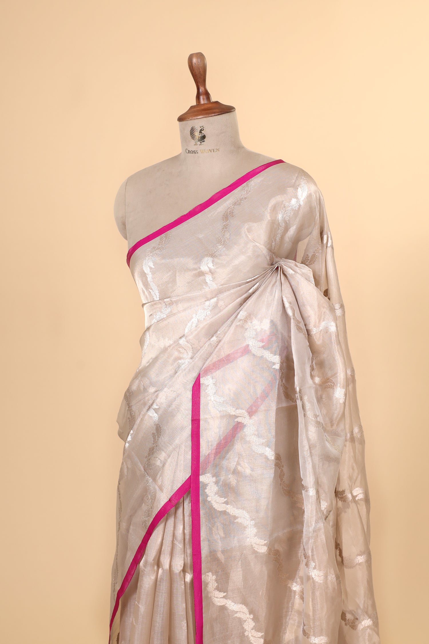 Champagne Tissue Silk Saree With Leheriya Pattern