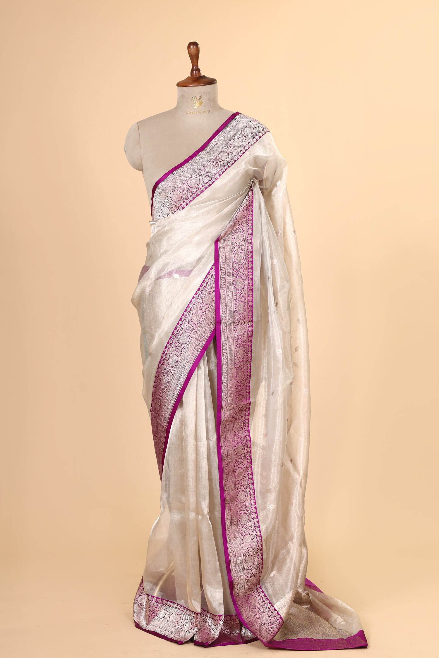 Champagne Tissue Silk Saree With Maggenta Contrast Border