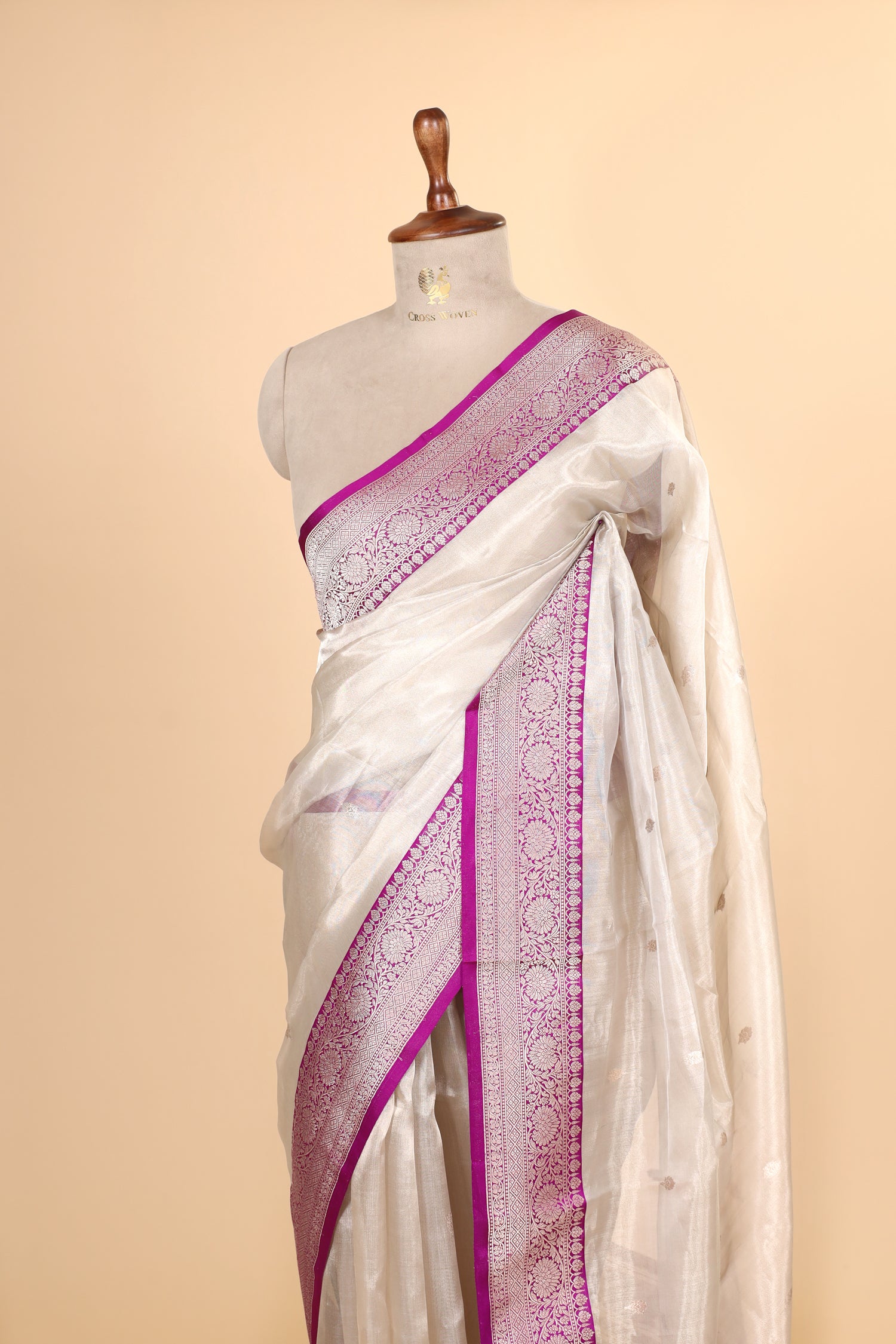 Champagne Tissue Silk Saree With Maggenta Contrast Border
