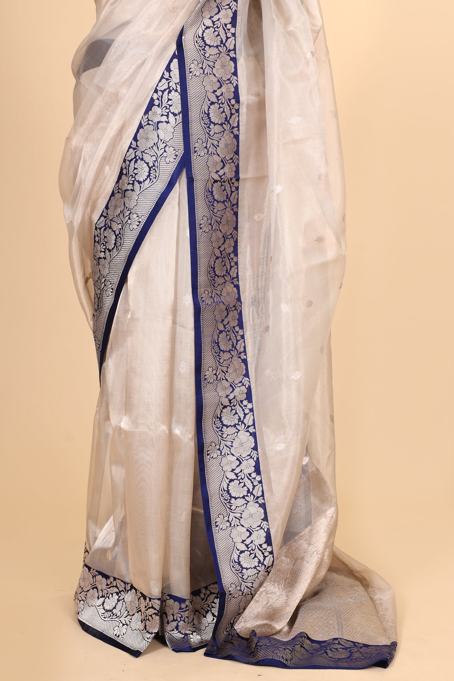 Champagne Tissue Silk Saree With Royal Blue Contrast Border