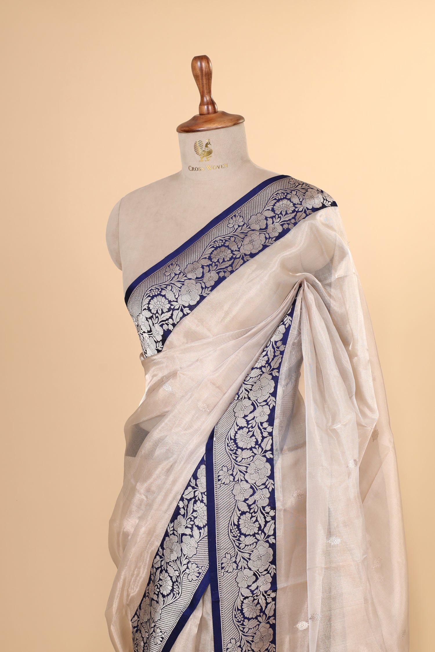 Champagne Tissue Silk Saree With Royal Blue Contrast Border