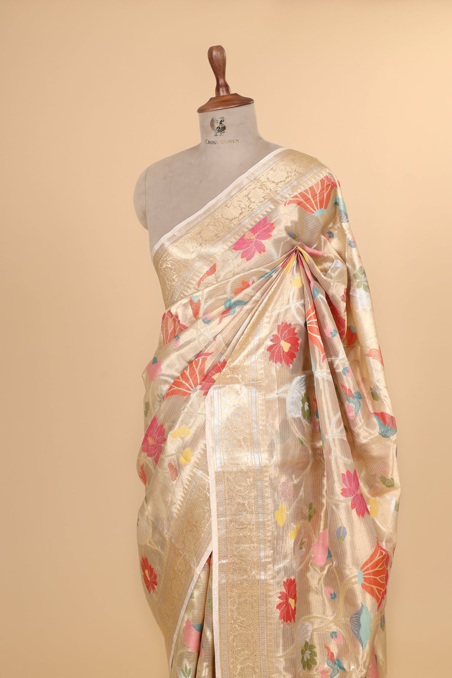 Champagne Tissue Silk Saree With Paithani Style Floral Vines