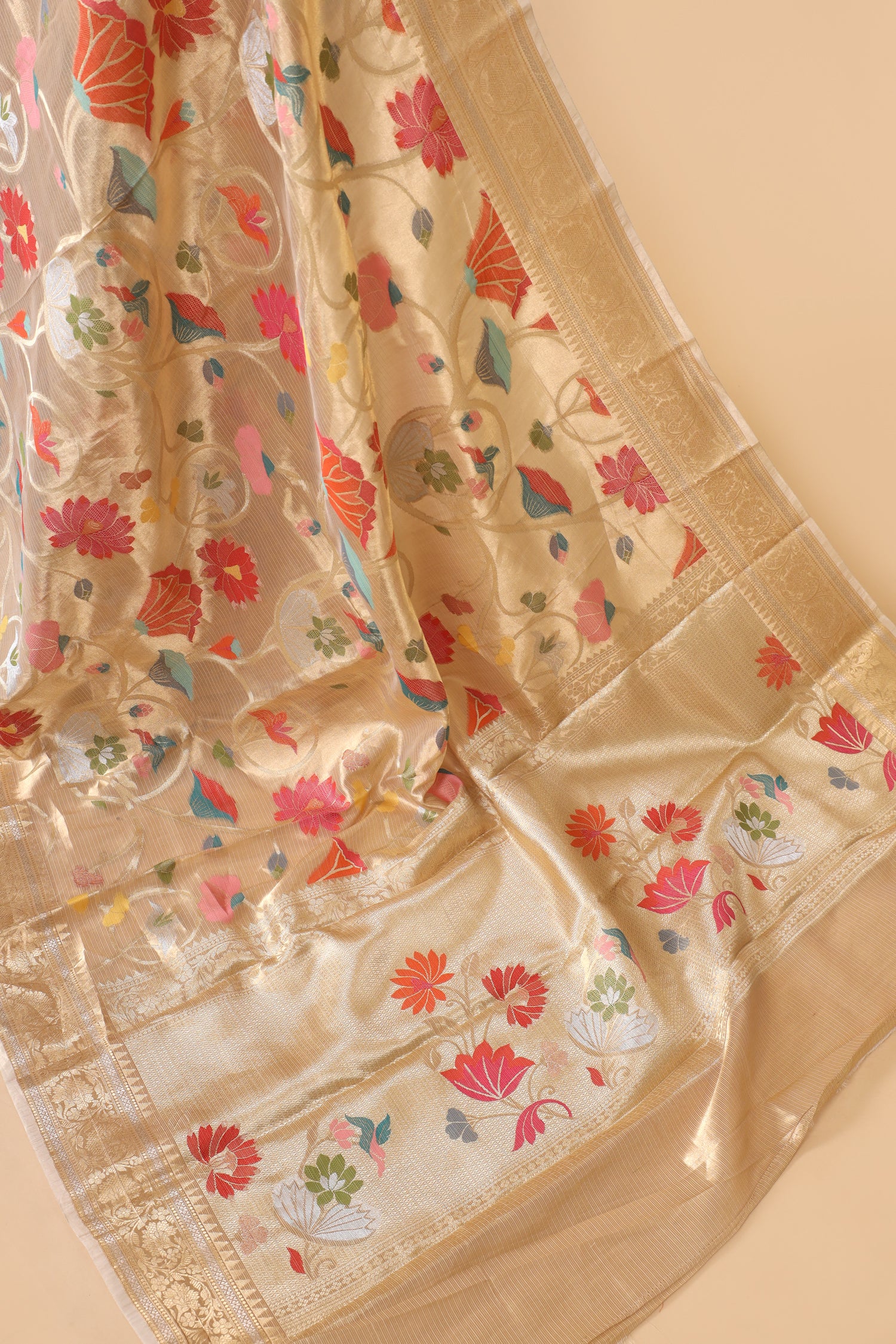 Champagne Tissue Silk Saree With Paithani Style Floral Vines
