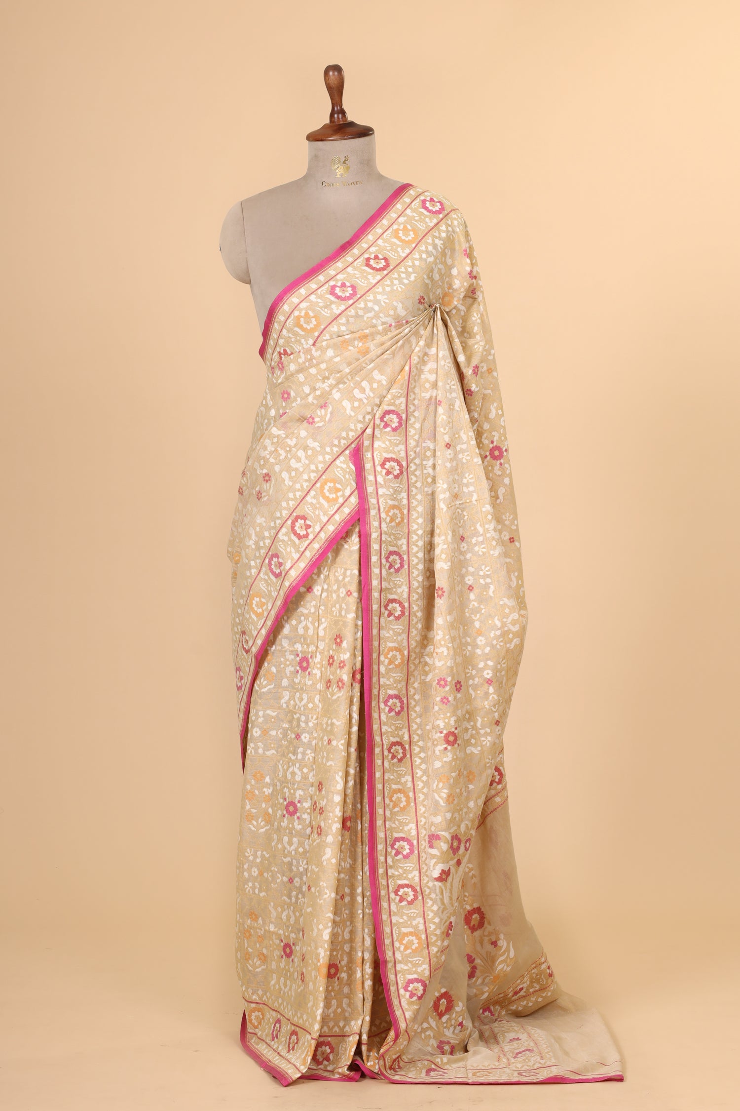 Ivory Pure Jamdani Silk Saree with Meenakari Floral Jaal & Pink Border