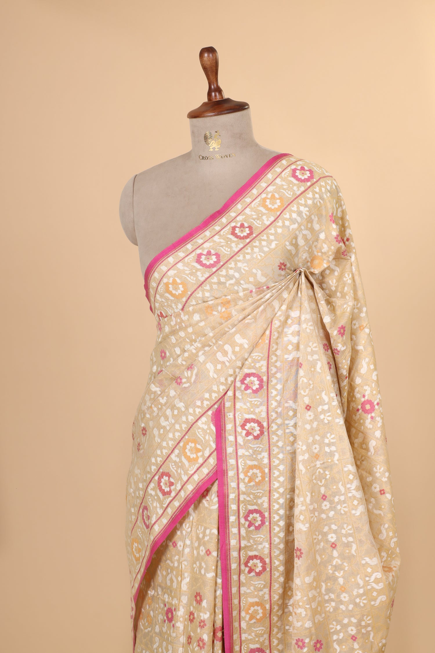 Ivory Pure Jamdani Silk Saree with Meenakari Floral Jaal & Pink Border