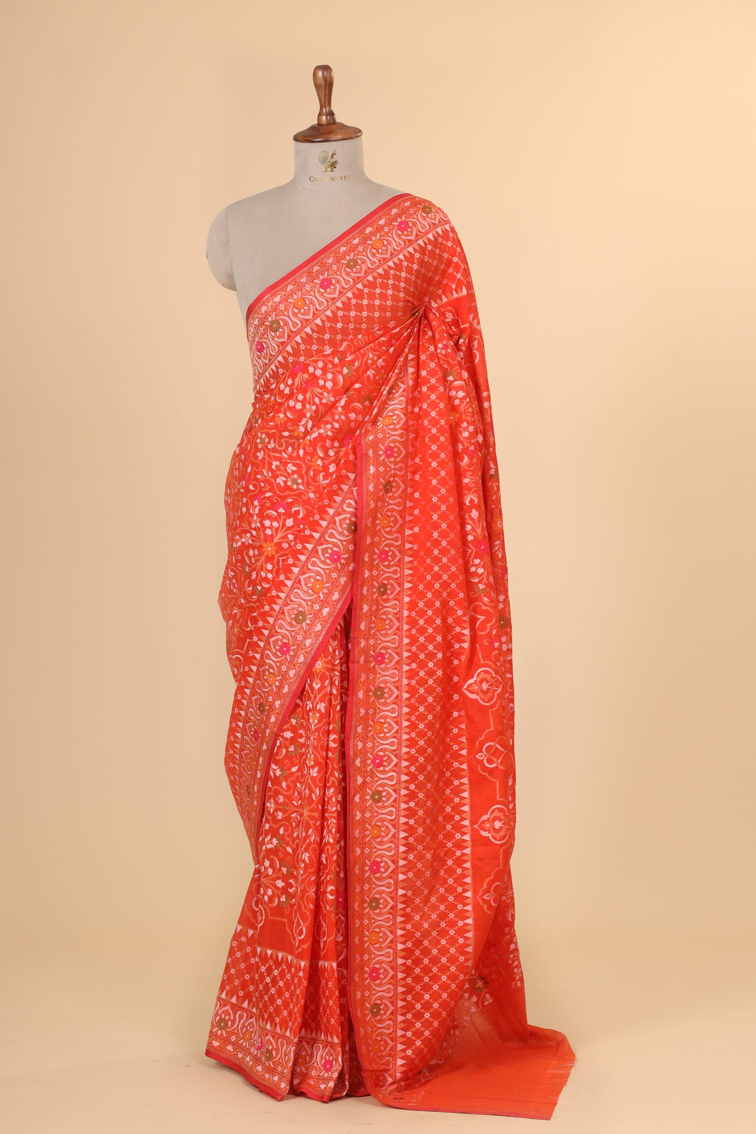 Coral Orange Pure Jamdani Silk Saree with Meenakari Floral Jaal