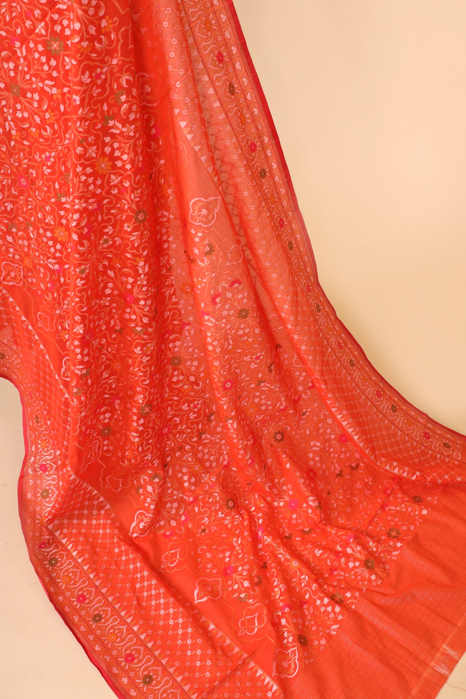 Coral Orange Pure Jamdani Silk Saree with Meenakari Floral Jaal