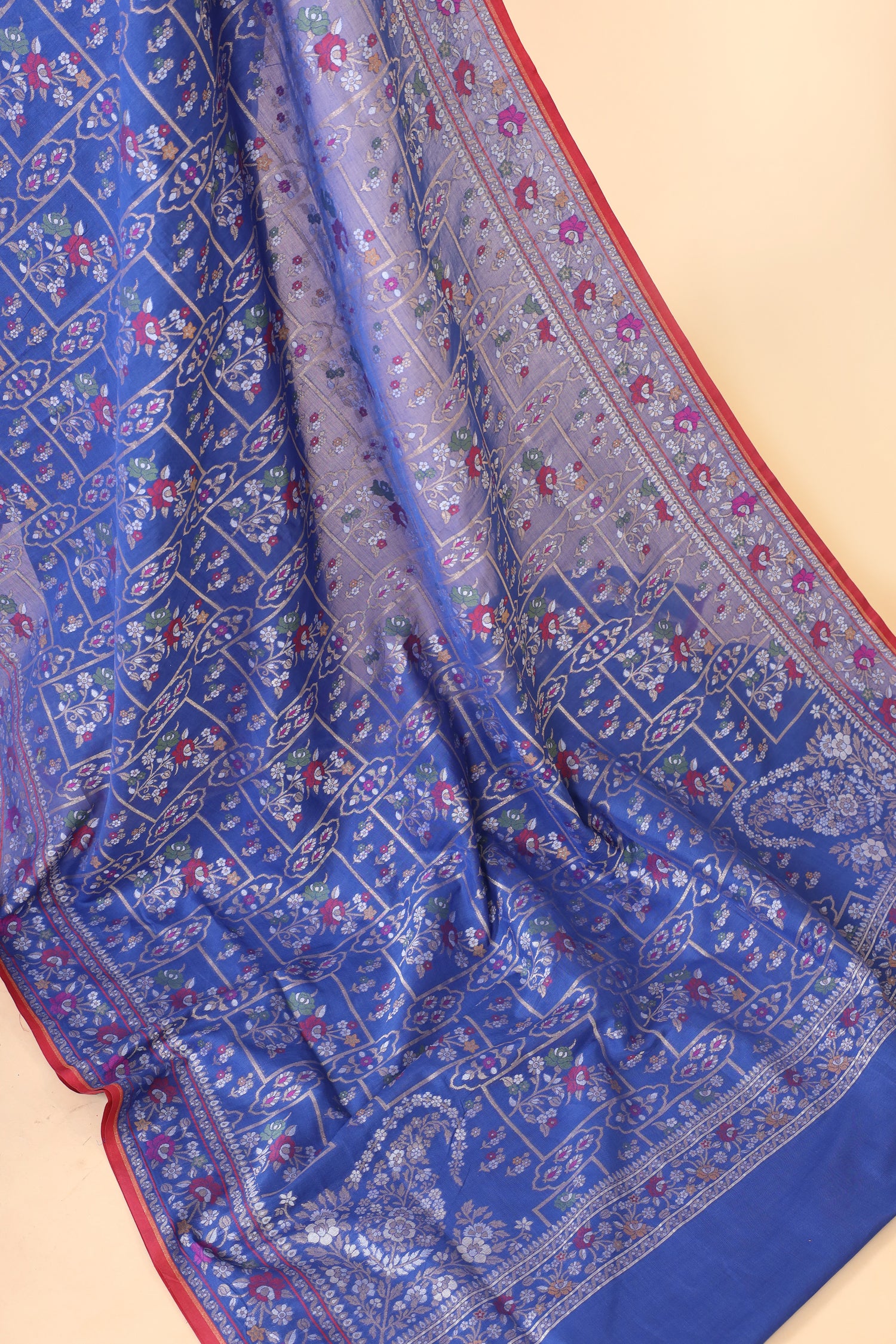 Cobalt Blue Pure Jamdani Silk Saree with Meenakari Floral Jaal