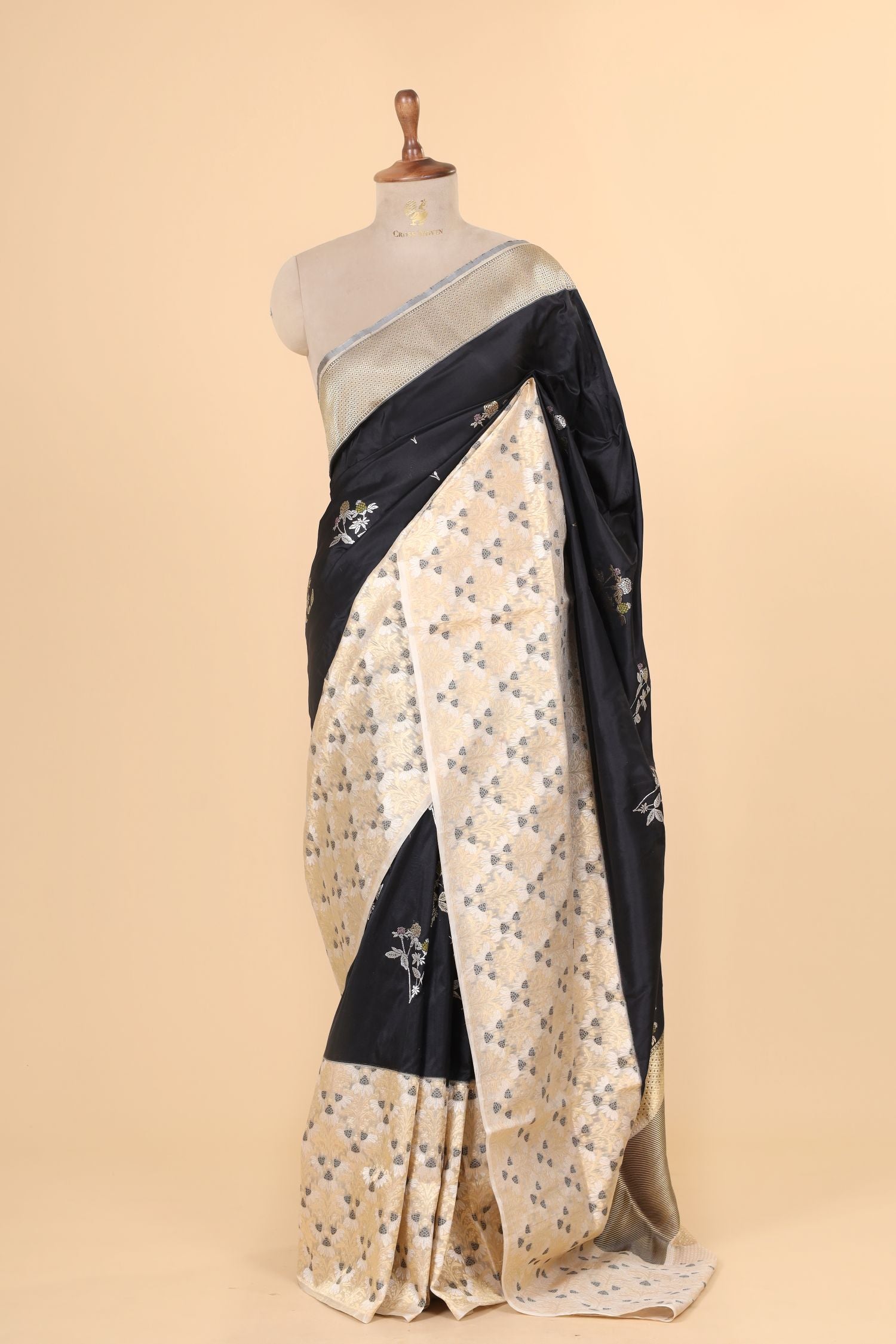 Black Handwoven Pure Banarasi Katan Silk Saree with Tisue Border