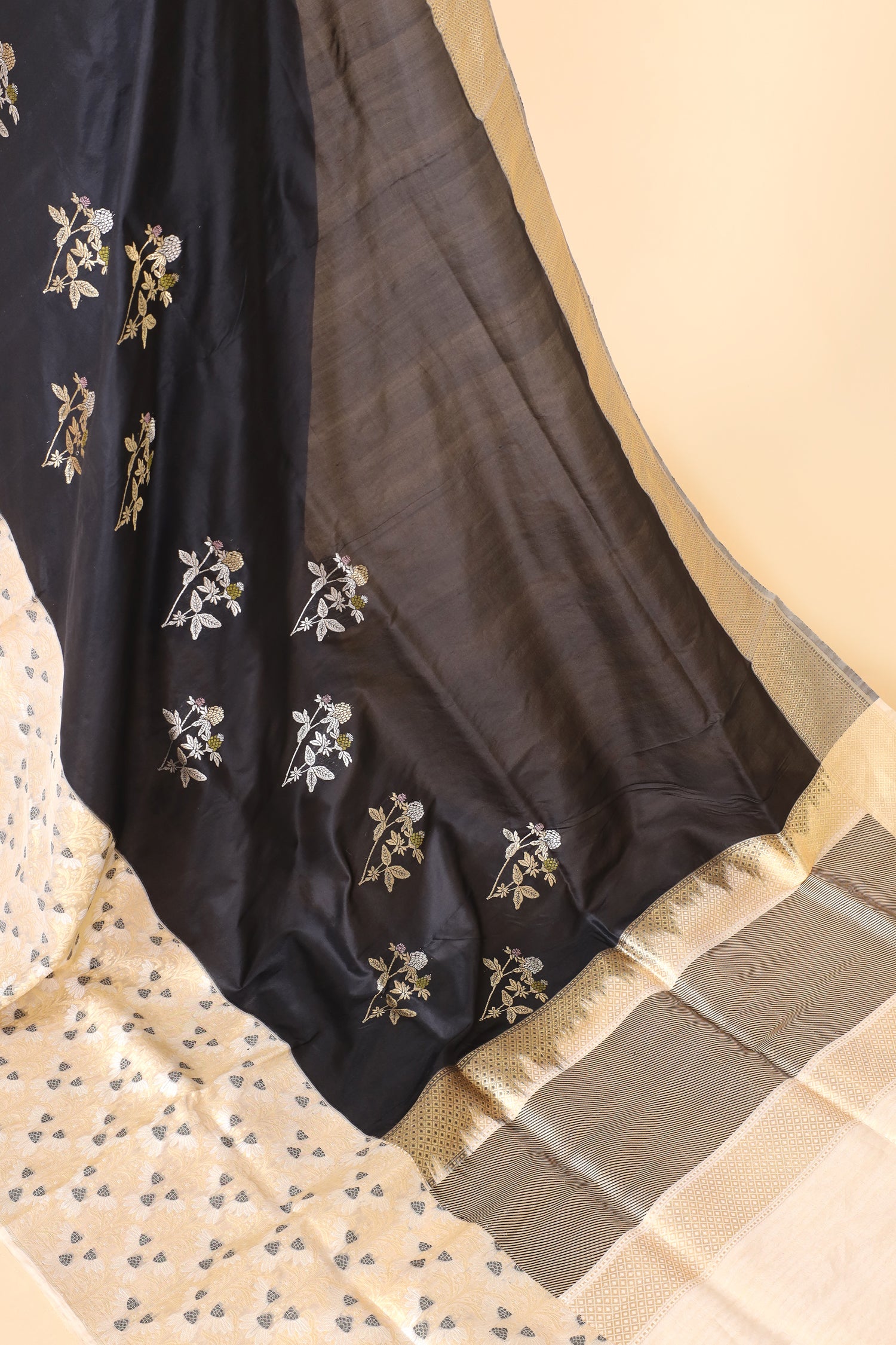 Black Handwoven Pure Banarasi Katan Silk Saree with Tisue Border