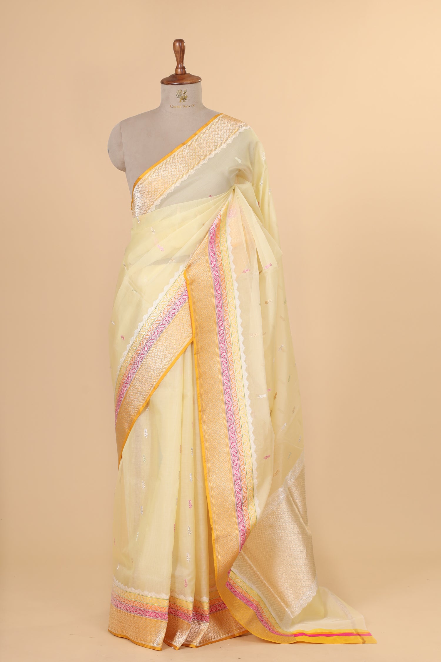 Butter Yellow Organza Silk Saree With Meenakari Bootis