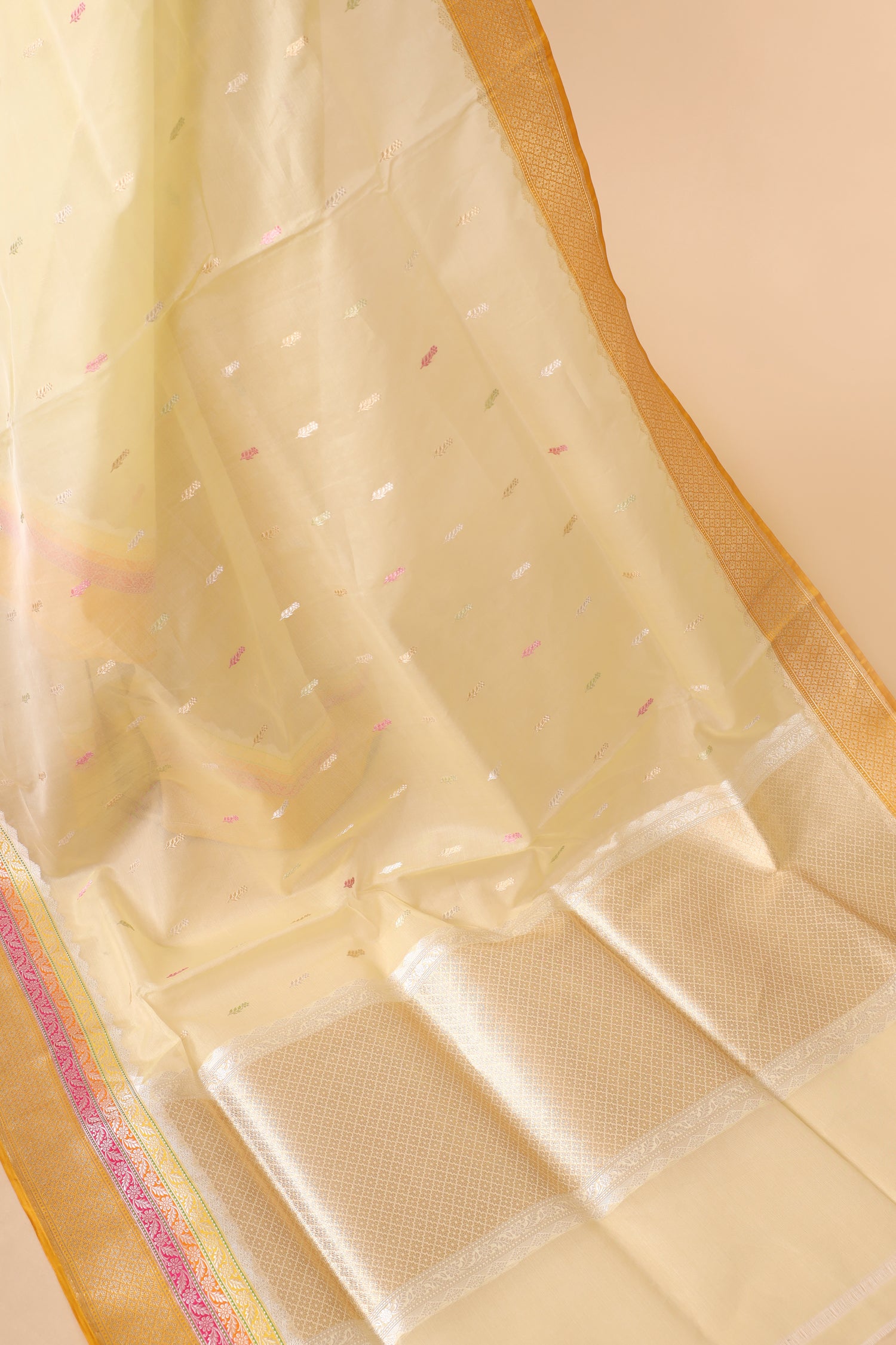Butter Yellow Organza Silk Saree With Meenakari Bootis