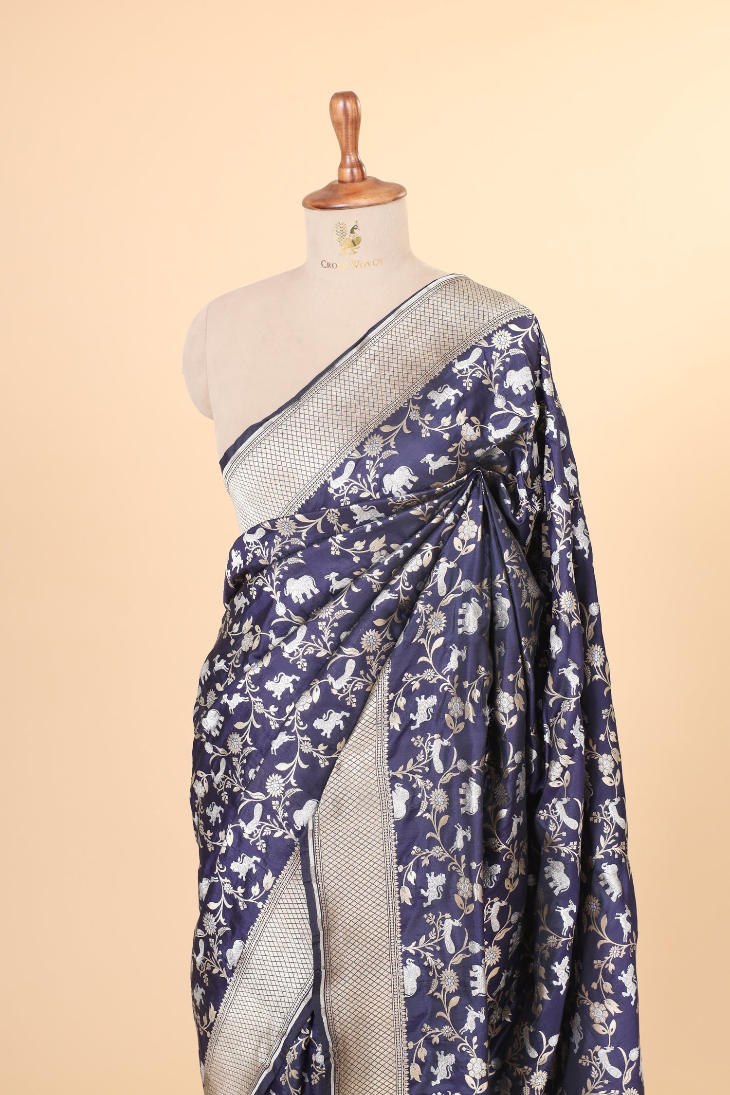 Navy Blue Shikarghah Handwoven Pure Banarasi Katan Silk Saree