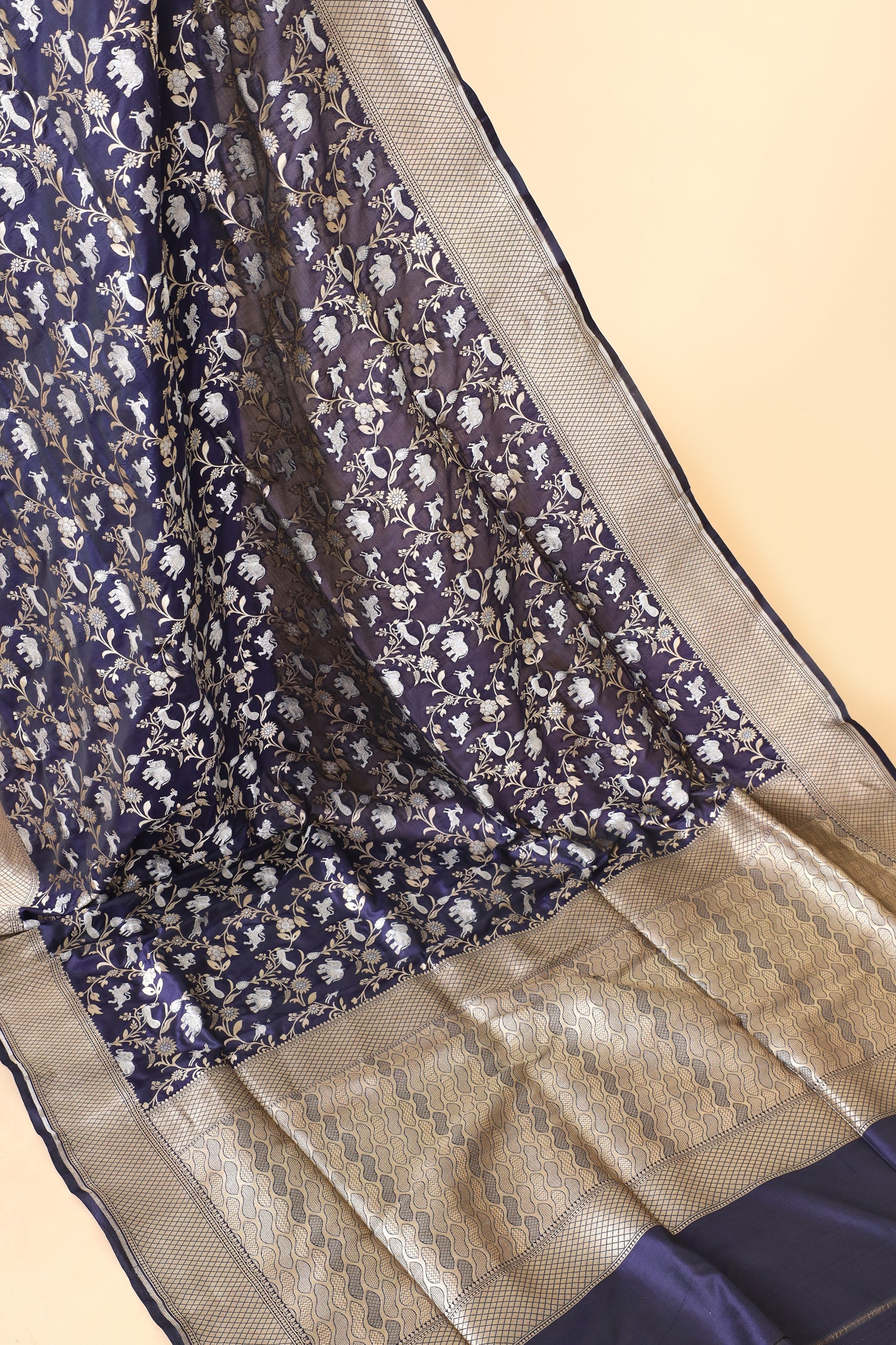 Navy Blue Shikarghah Handwoven Pure Banarasi Katan Silk Saree