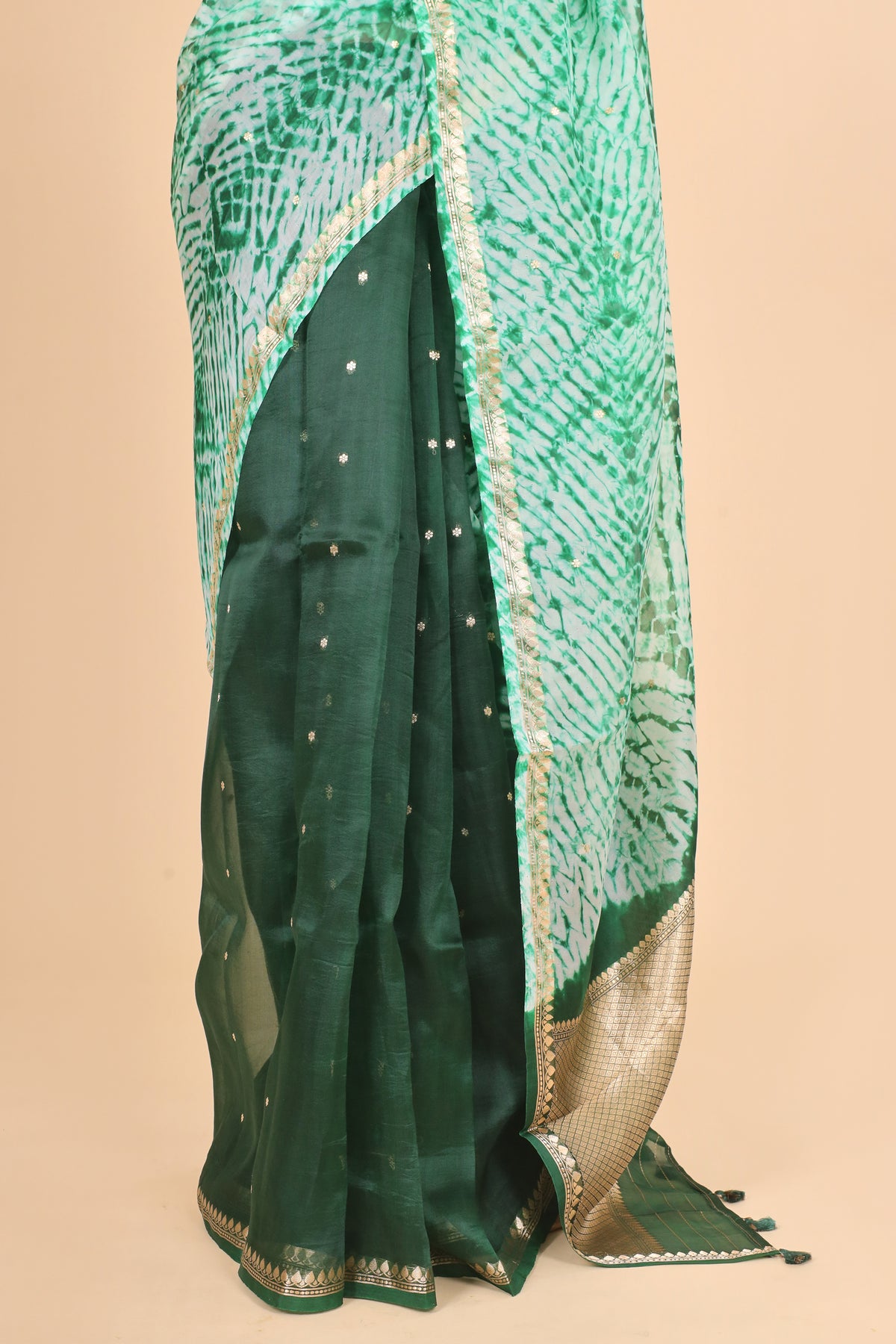 Deep Green Arashi Dye Organza Silk Saree