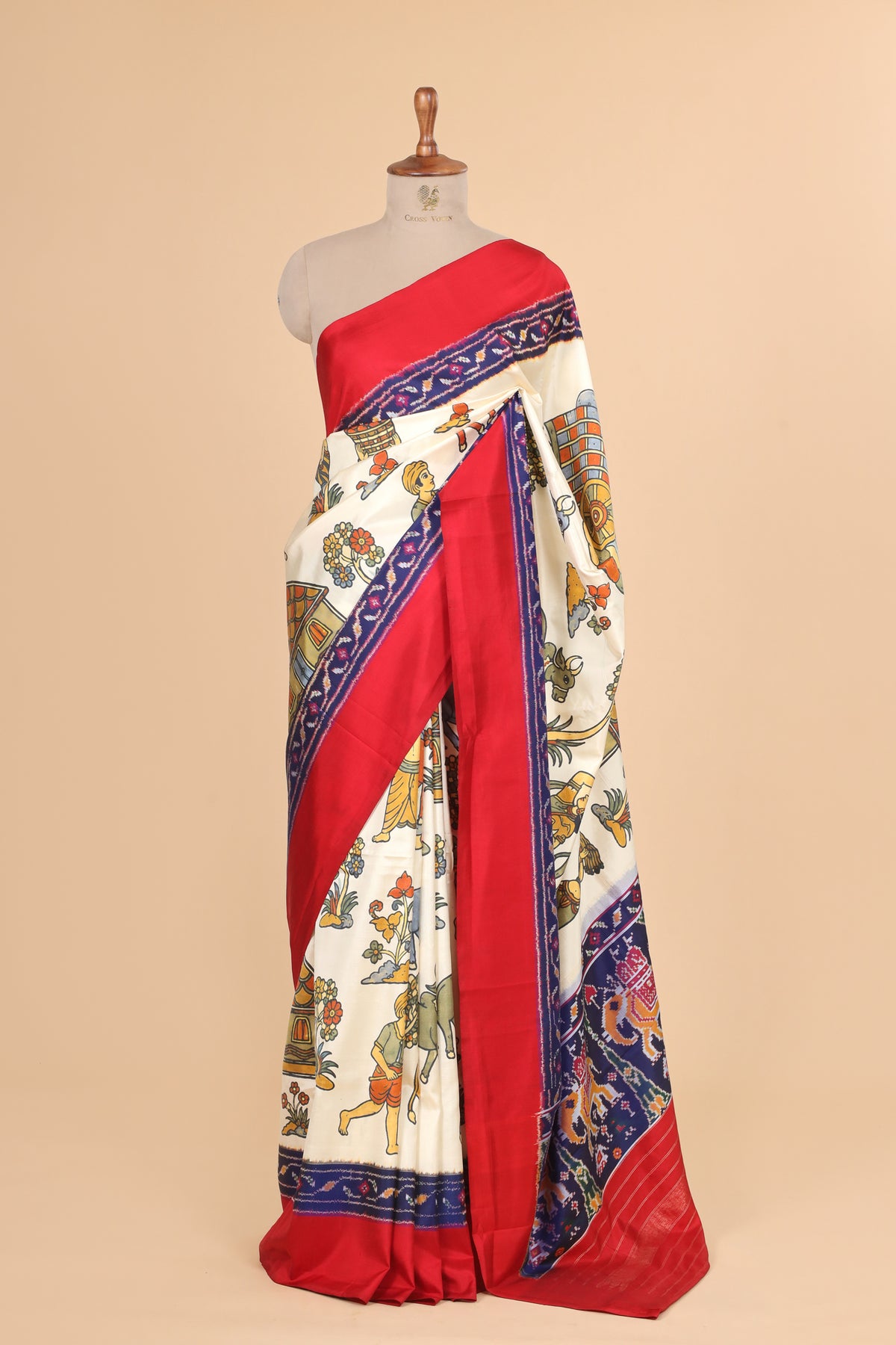 Ivory White Pure Katan Silk Fusion Saree With Kalamkari-Inspired Print & Ikkat Border