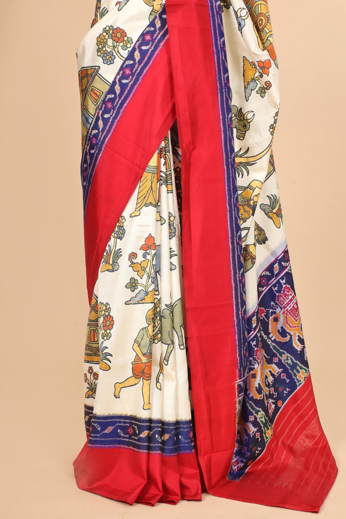 Ivory White Pure Katan Silk Fusion Saree With Kalamkari-Inspired Print & Ikkat Border