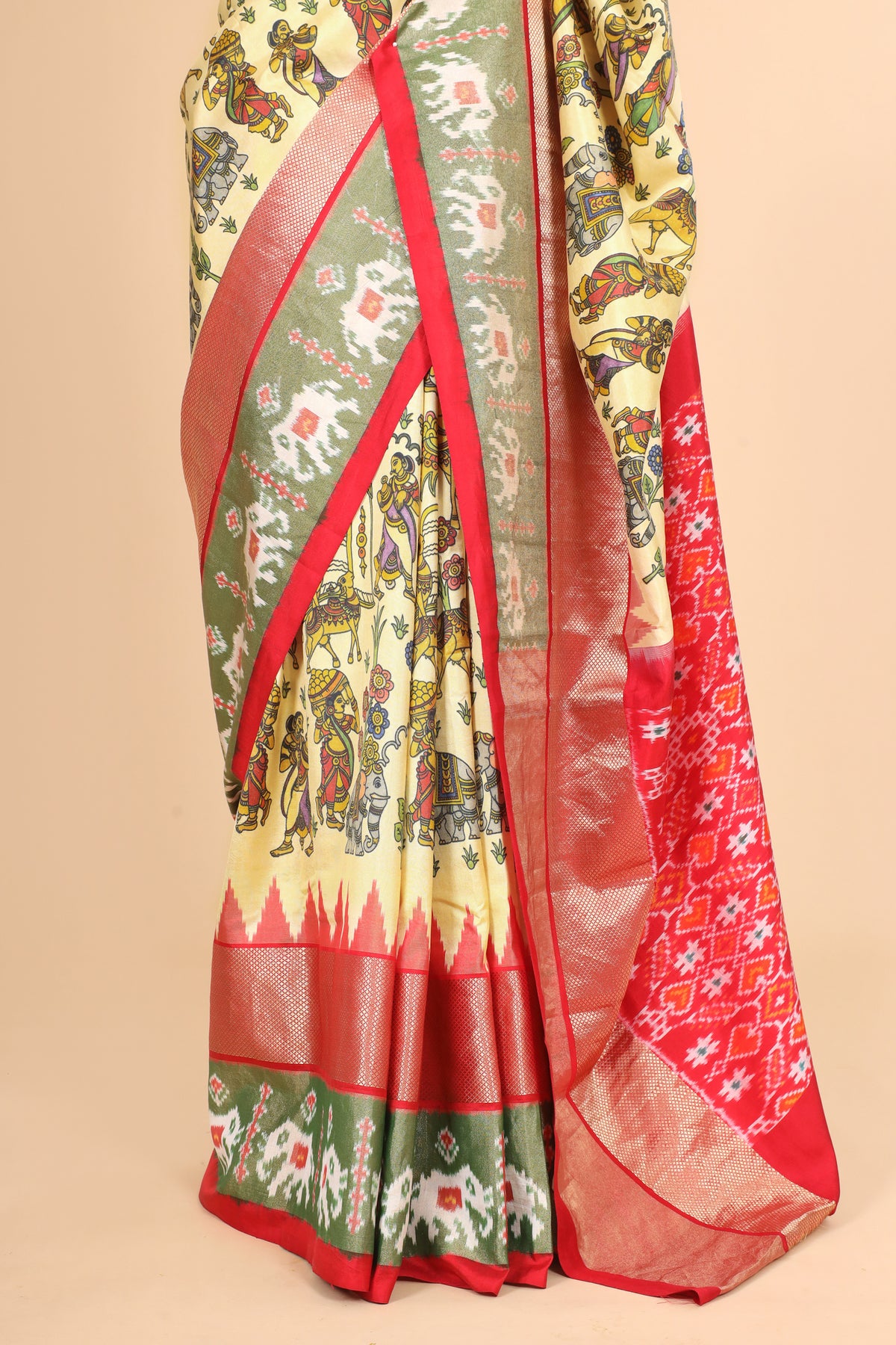 Butter Yellow Pure Katan Silk Fusion Saree With Kalamkari-Inspired Print & Ikkat Border
