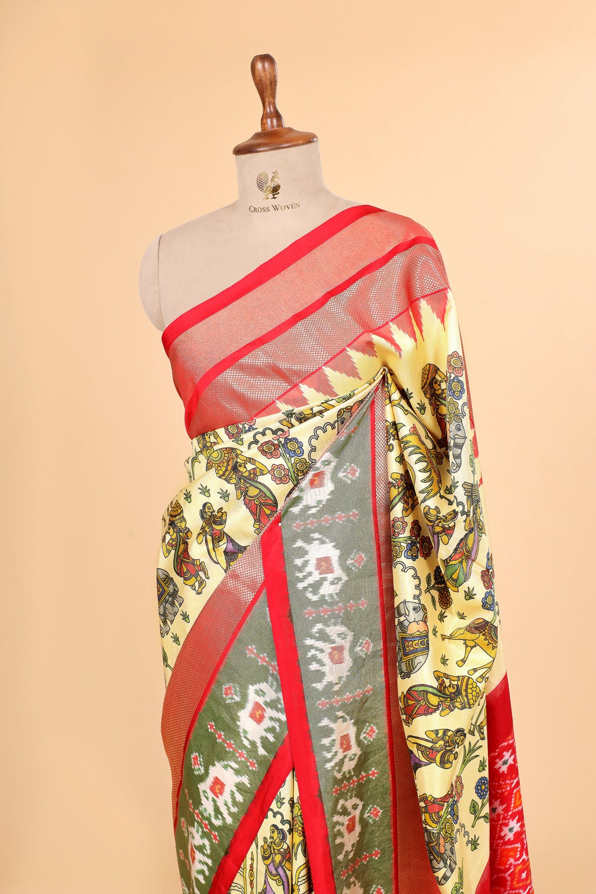 Butter Yellow Pure Katan Silk Fusion Saree With Kalamkari-Inspired Print & Ikkat Border