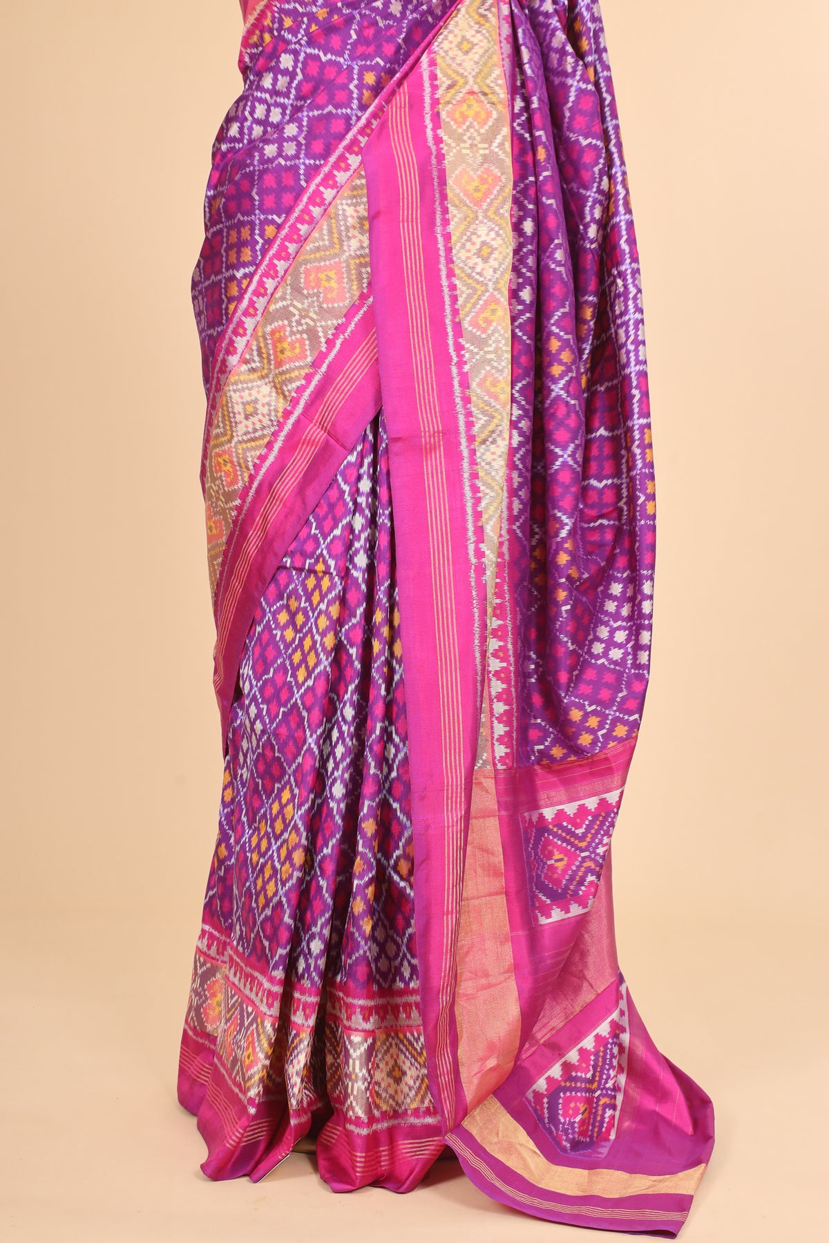 Purple Pure Katan Silk Patola Saree with Multicolour Geometric Pattern