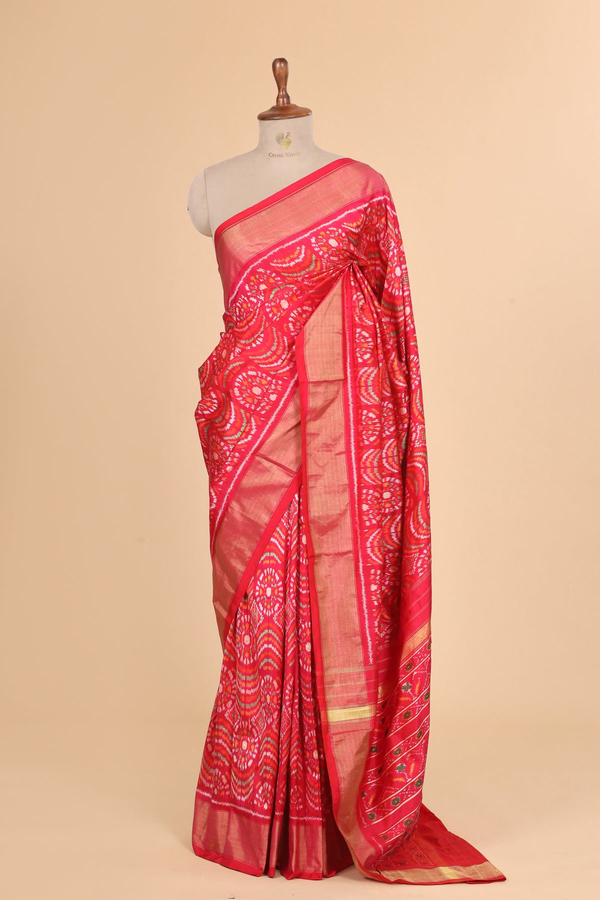 Red Pure Katan Silk Patola Saree with Geometric Ikat-Inspired Motifs