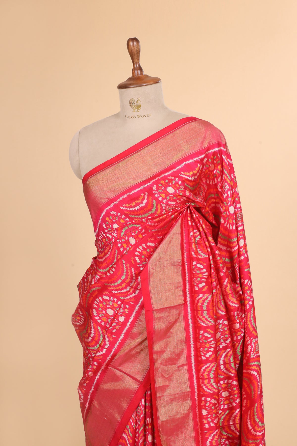 Red Pure Katan Silk Patola Saree with Geometric Ikat-Inspired Motifs