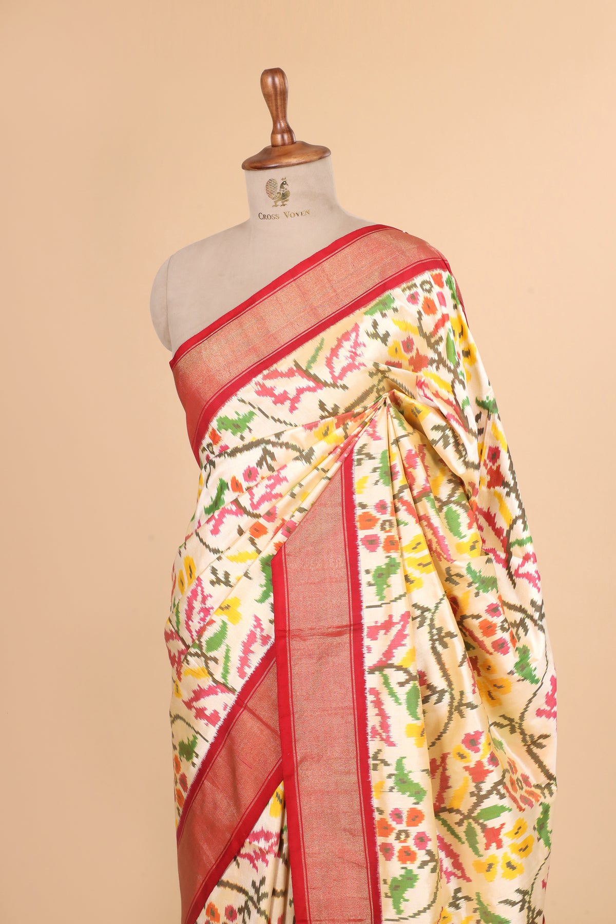 Ivory Pure Katan Silk Patola Saree with Multicolour Traditional Weave