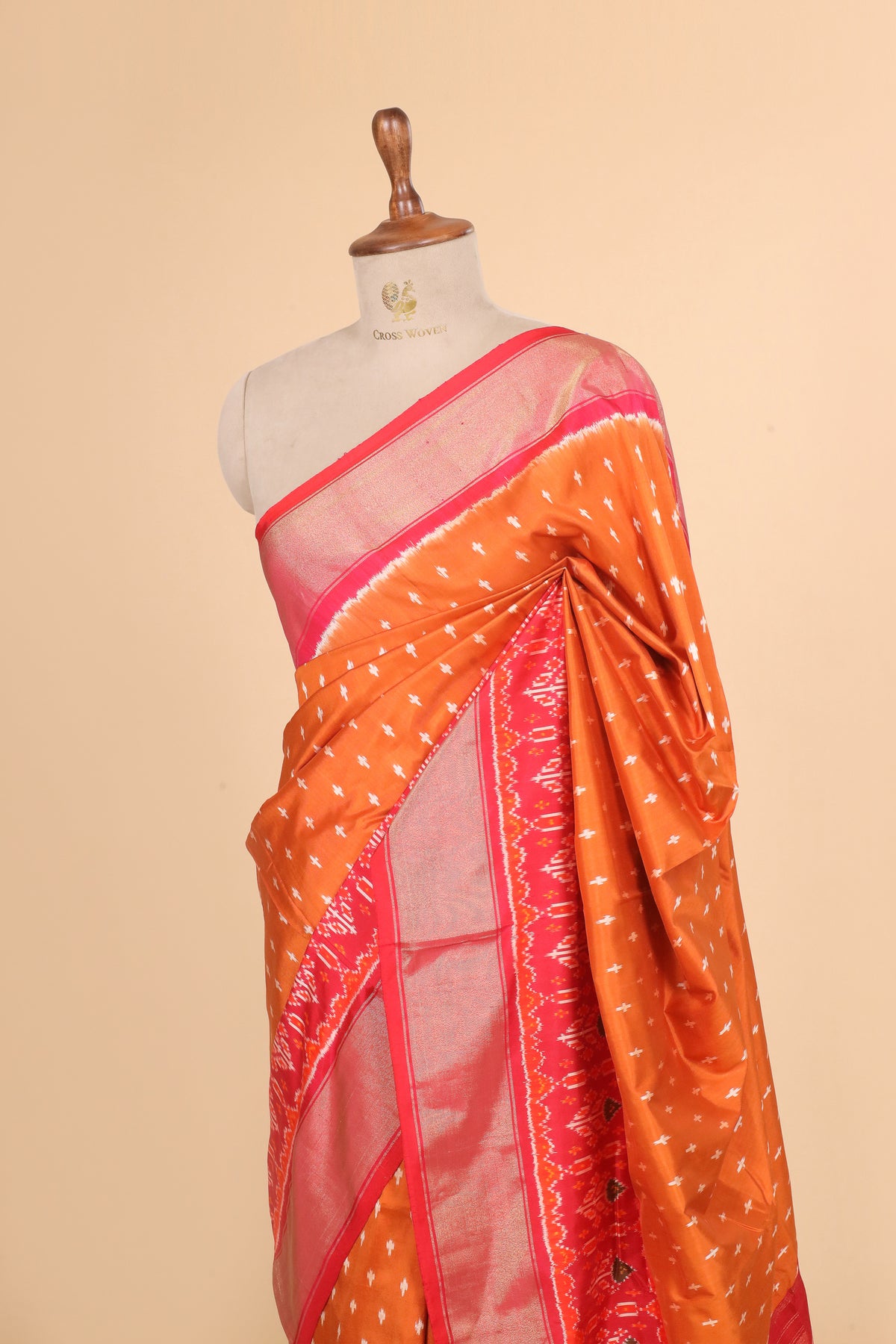 Orange Pure Katan Silk Patola Saree with Traditional Geometric Weave