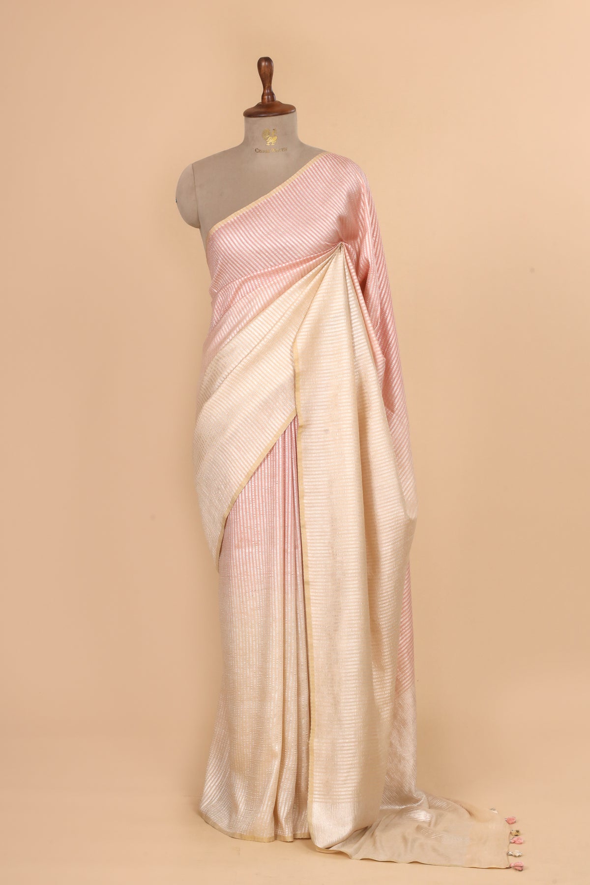 Peach Pure Munga Silk Saree With Zari Stripe