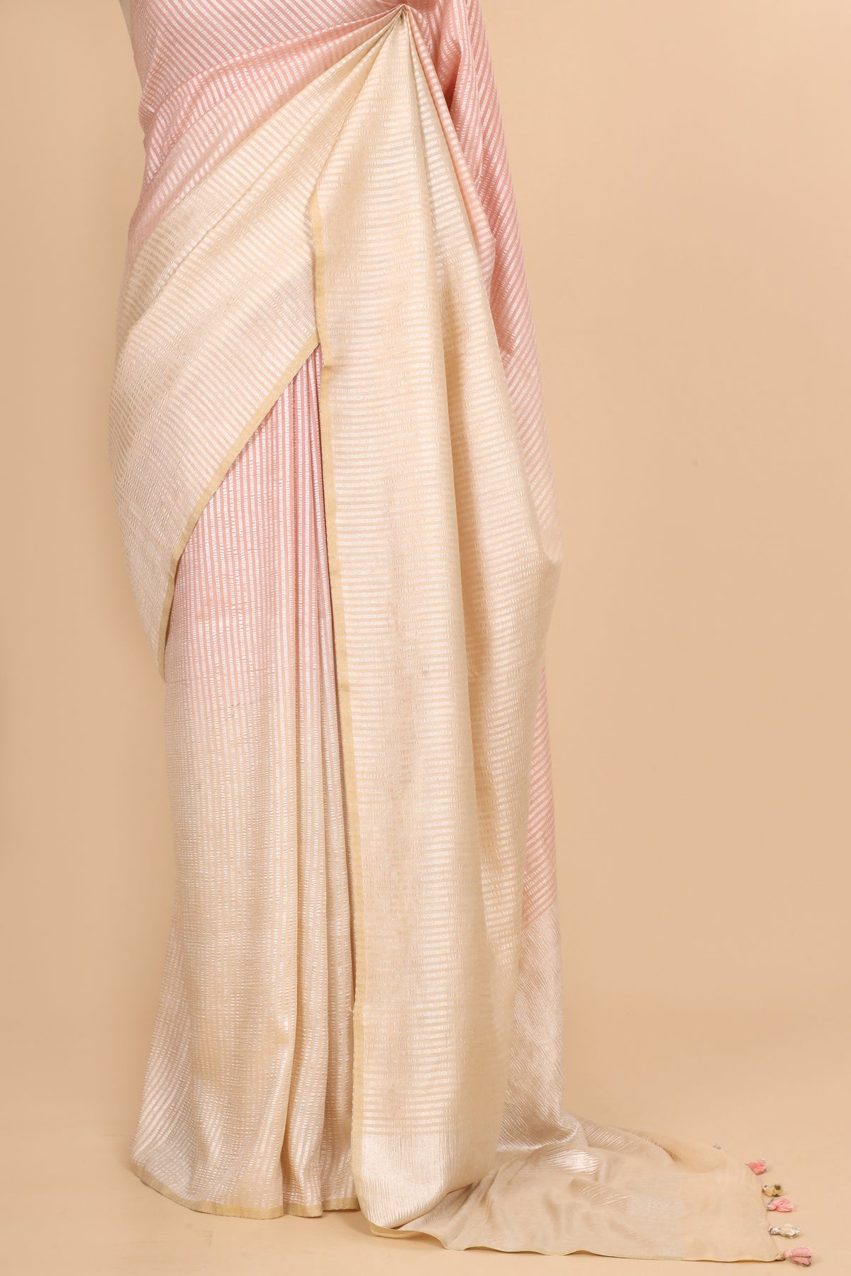 Peach Pure Munga Silk Saree With Zari Stripe