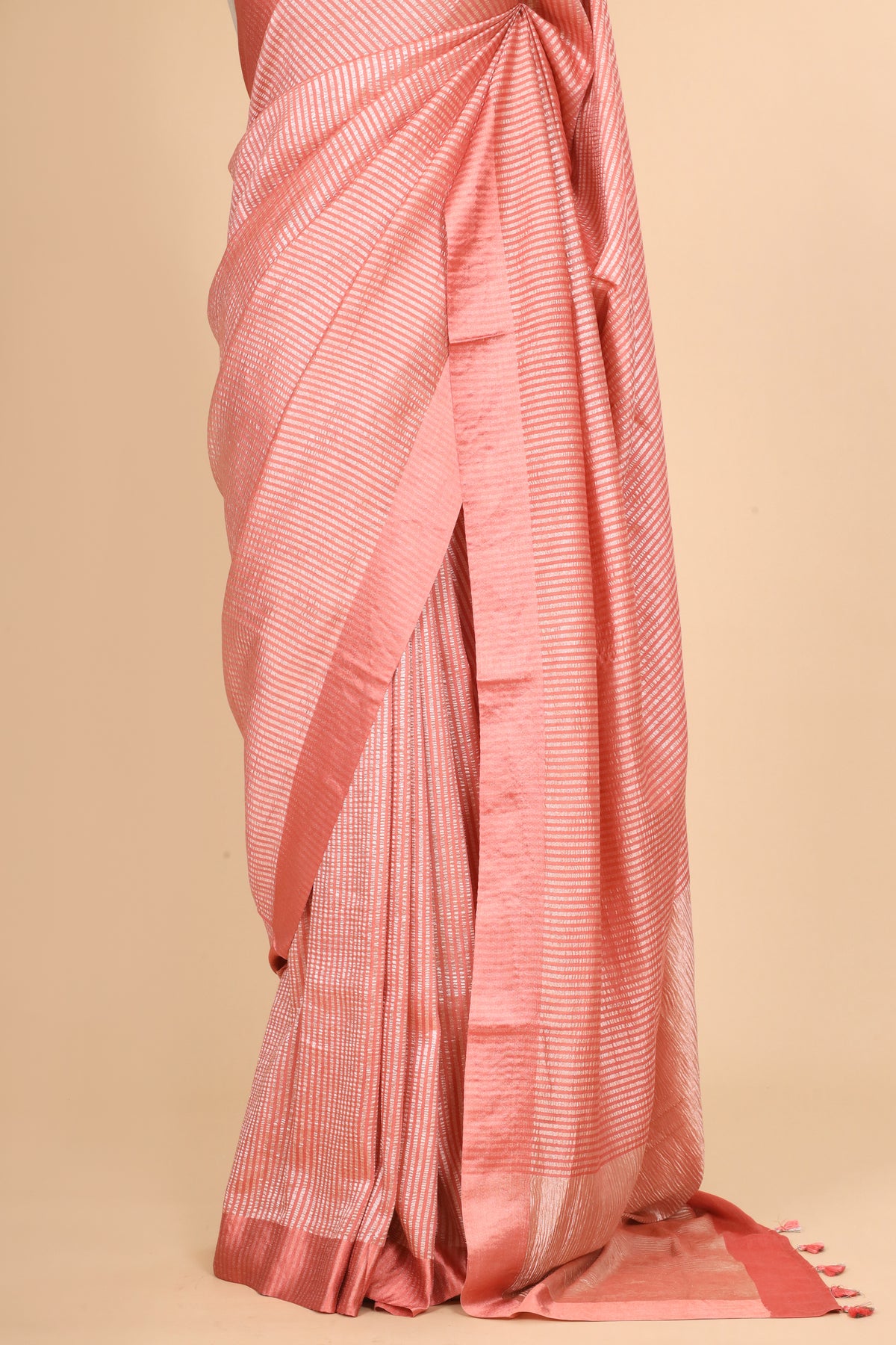 Blush Pink Pure Munga Silk Saree With Zari Stripe