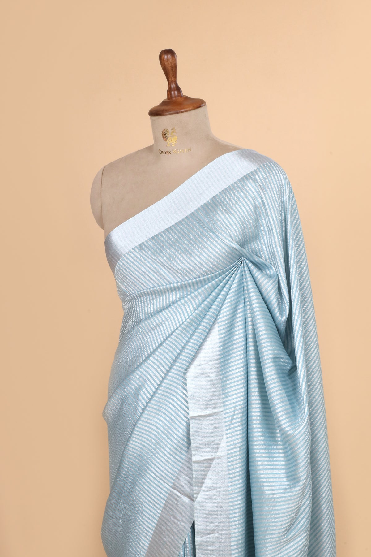 Powder Blue Pure Munga Silk Saree With Zari Stripe
