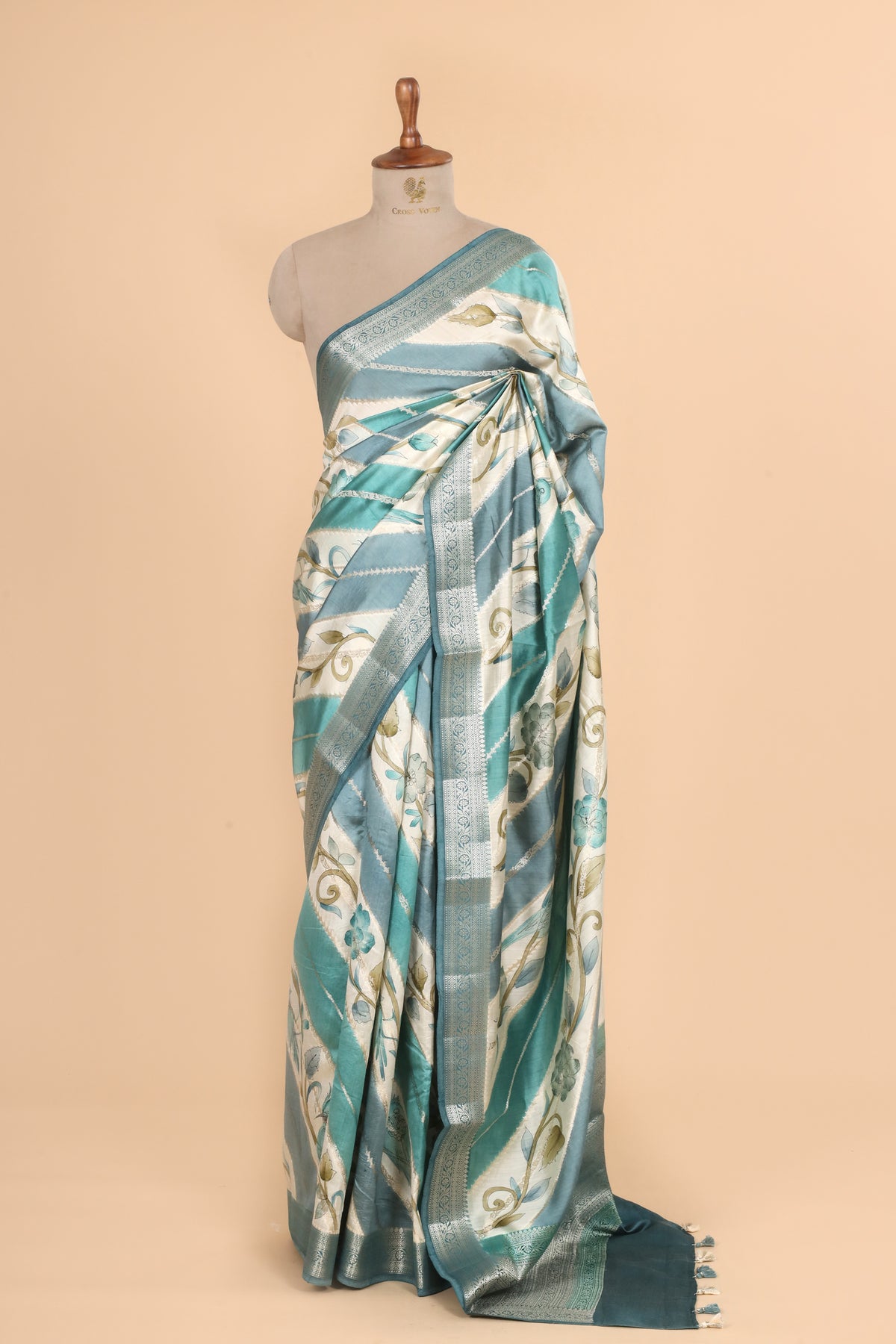 Dusty Blue Rangkat Handbrush Pure Chiniya Silk Saree