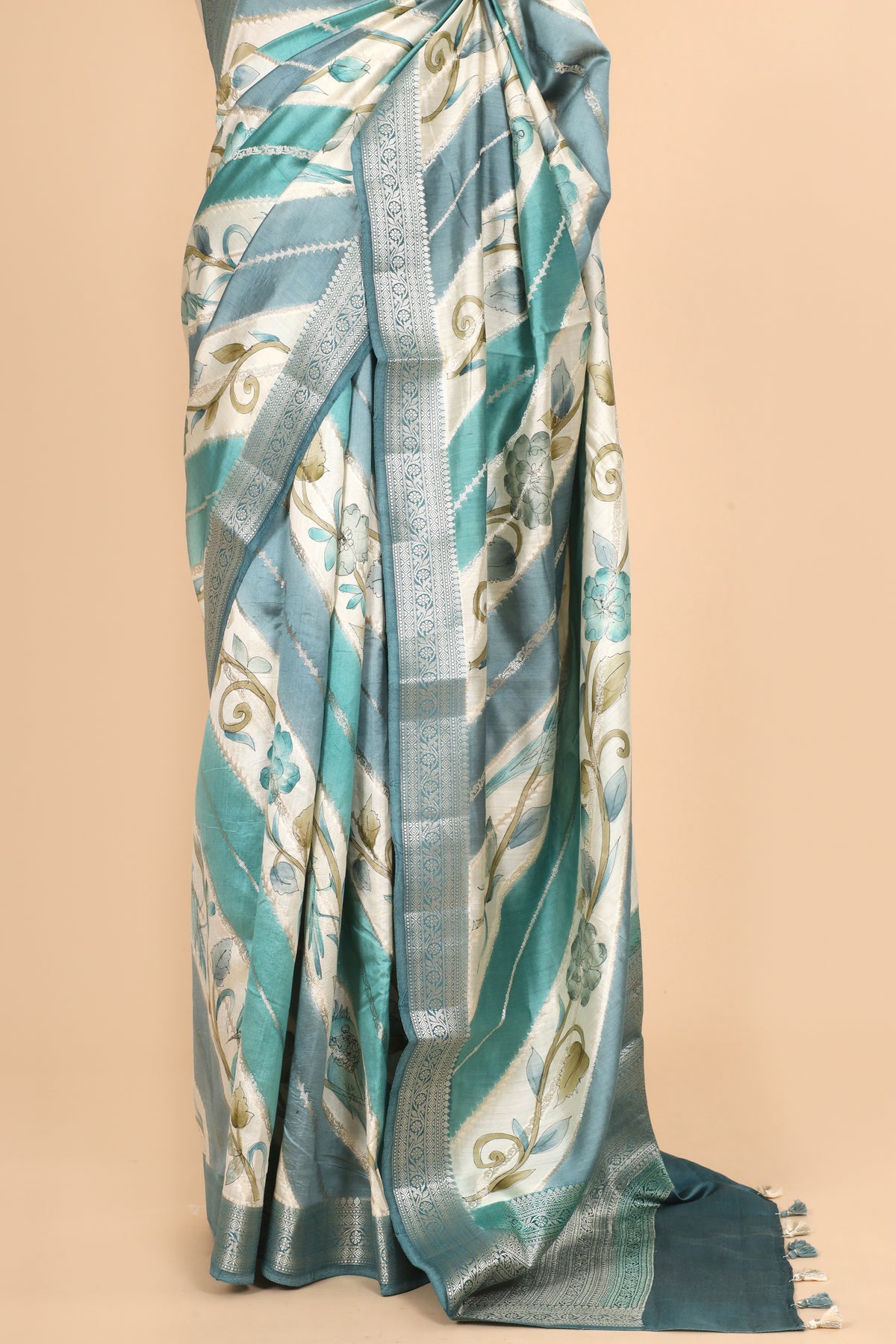 Dusty Blue Rangkat Handbrush Pure Chiniya Silk Saree
