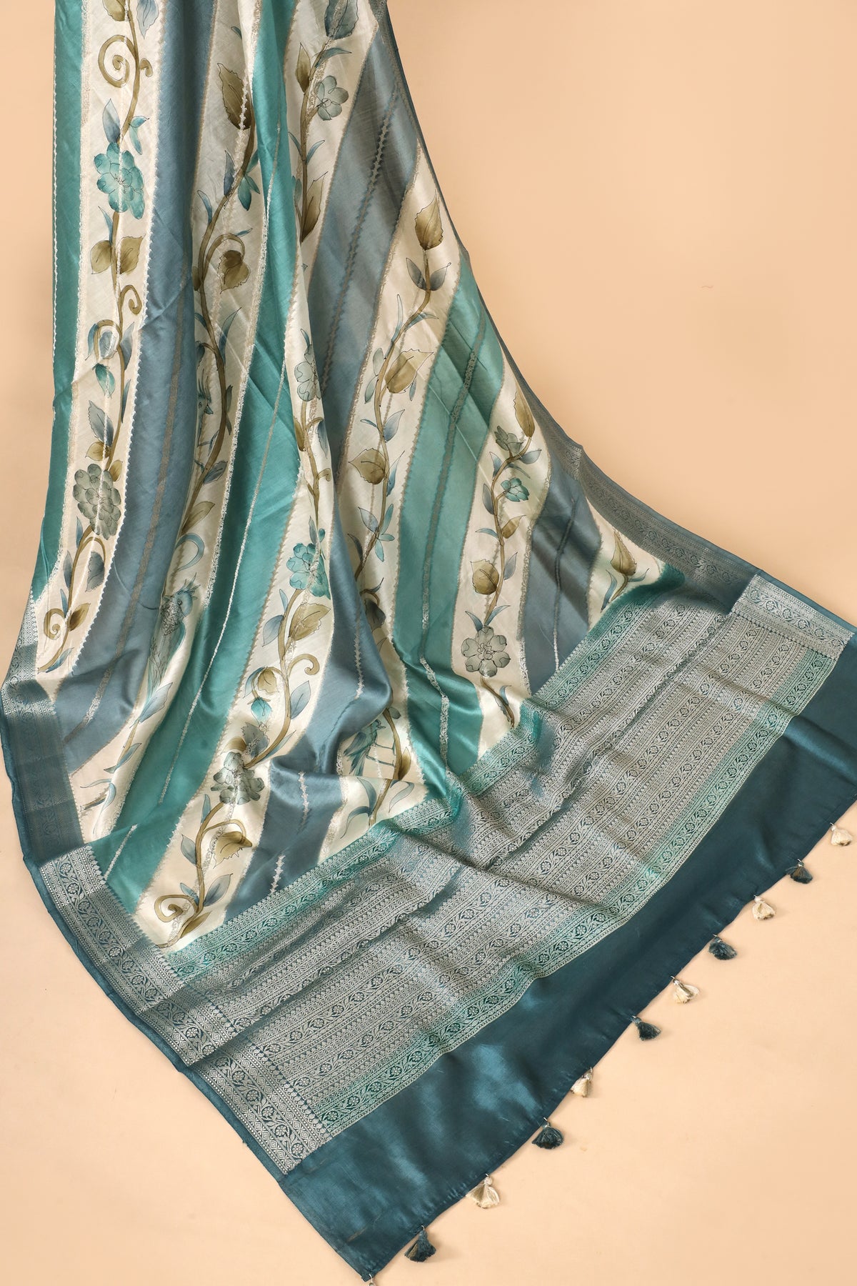Dusty Blue Rangkat Handbrush Pure Chiniya Silk Saree