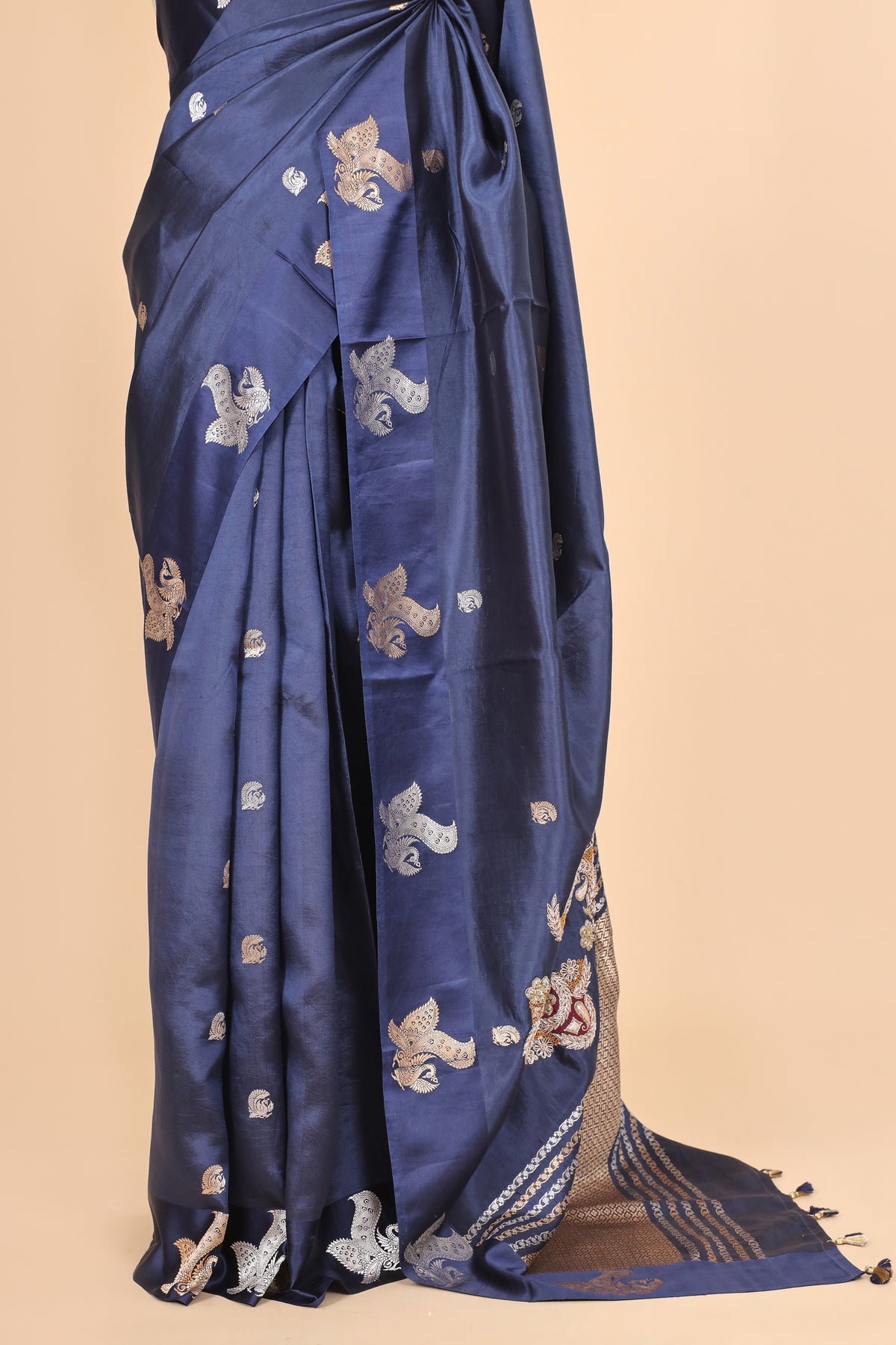 Gayatri Mantra Embellished Handwoven Navy Blue Banarasi Soft Silk Saree With Peacock Motifs