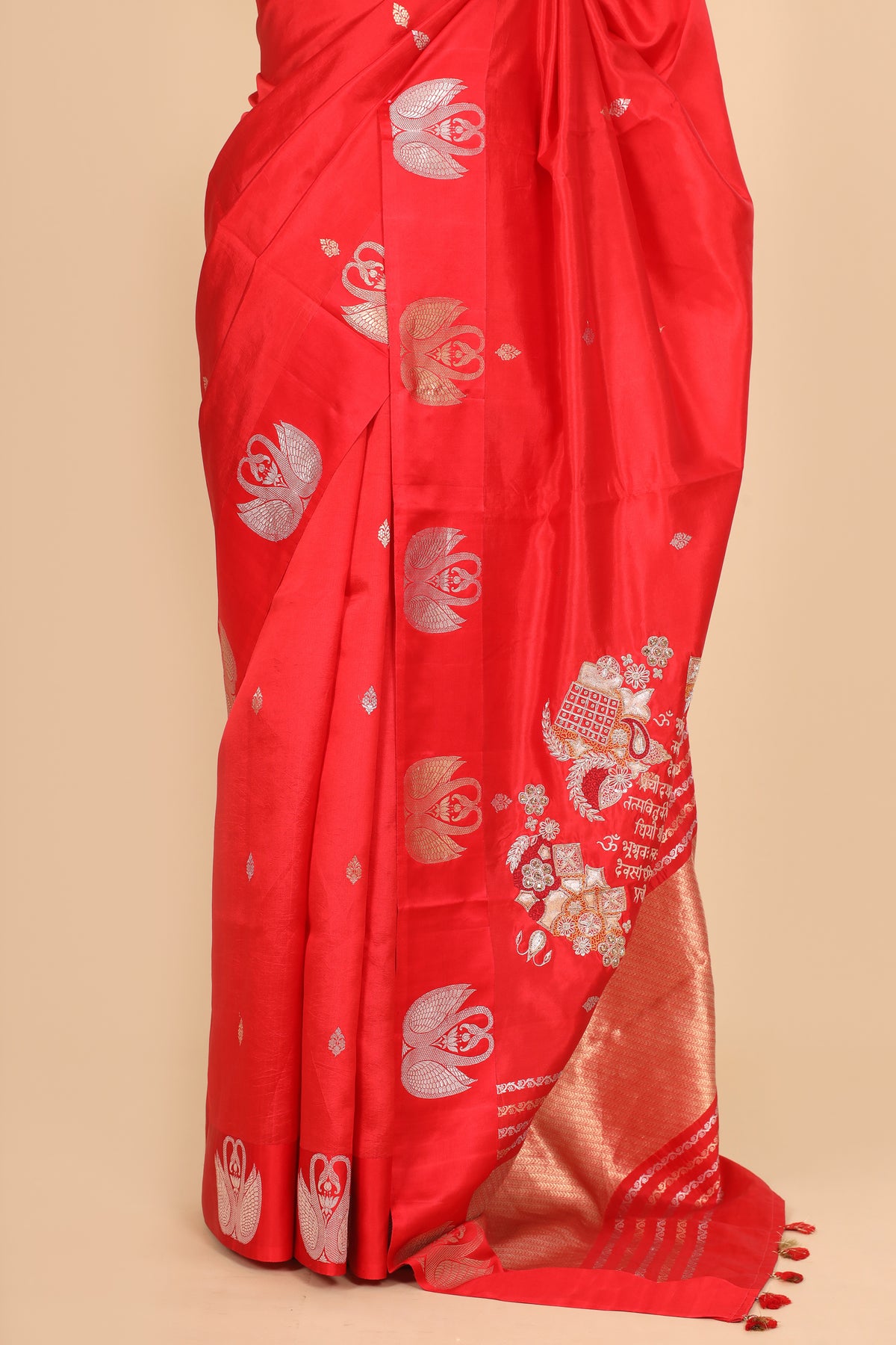 Gayatri Mantra Embellished Handwoven Red Banarasi Soft Silk Saree With Swan Motifs
